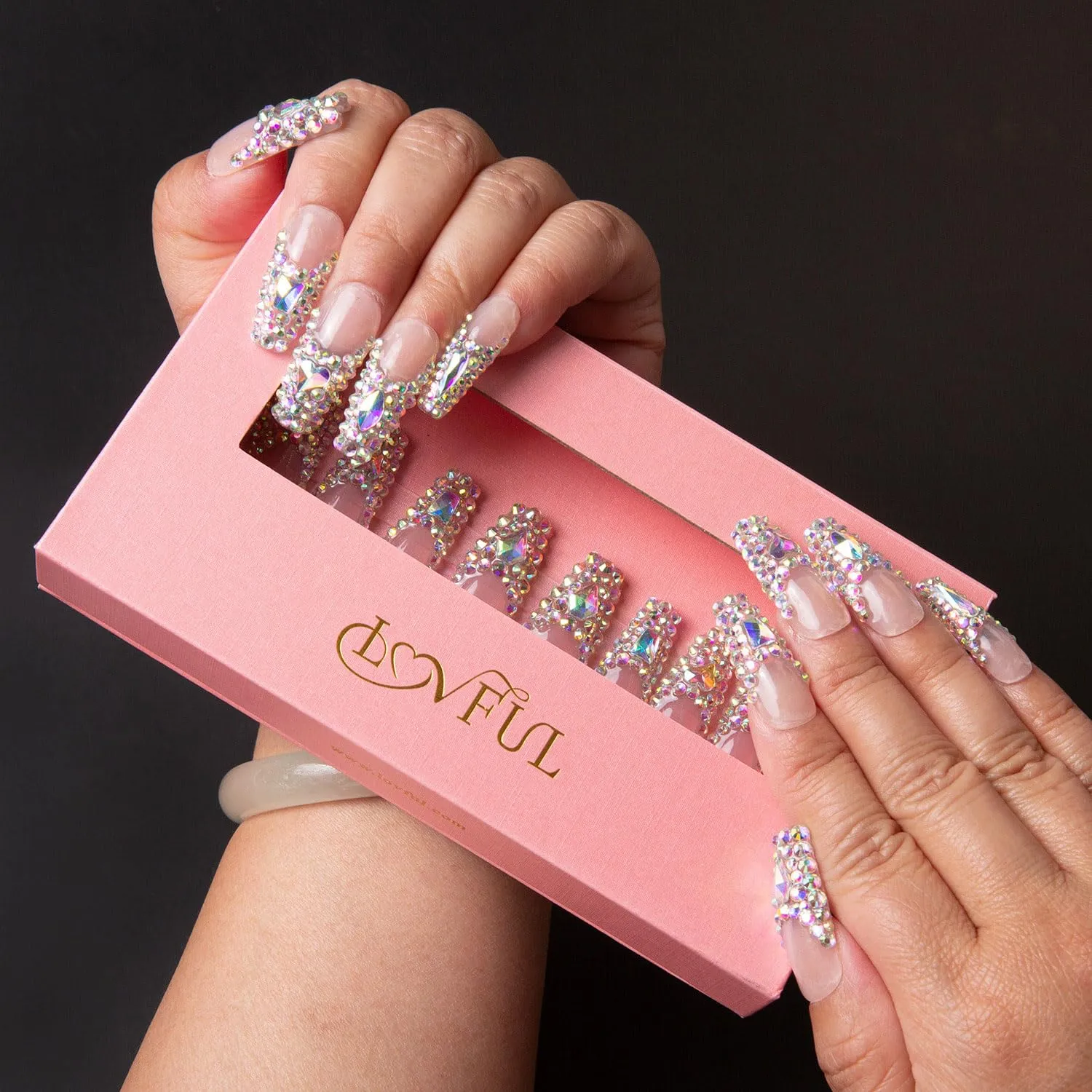 Press on Nails Angel's Tear Rhinestone | Handmade with Full Covered Crystals | Reusable Full Cover Nails | Coffin Classic Regular 1.3 in | H48-L