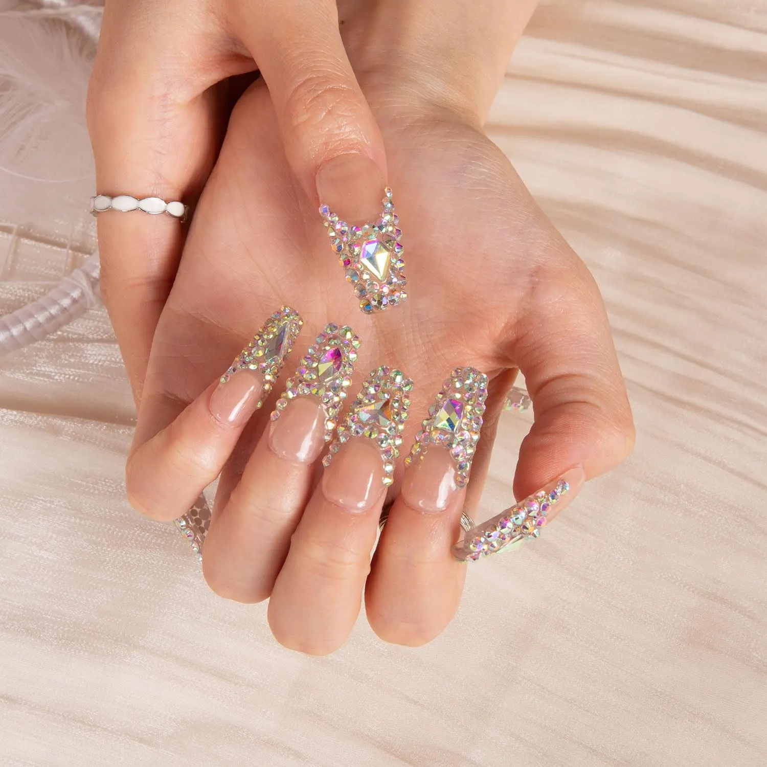 Press on Nails Angel's Tear Rhinestone | Handmade with Full Covered Crystals | Reusable Full Cover Nails | Coffin Classic Regular 1.3 in | H48-L