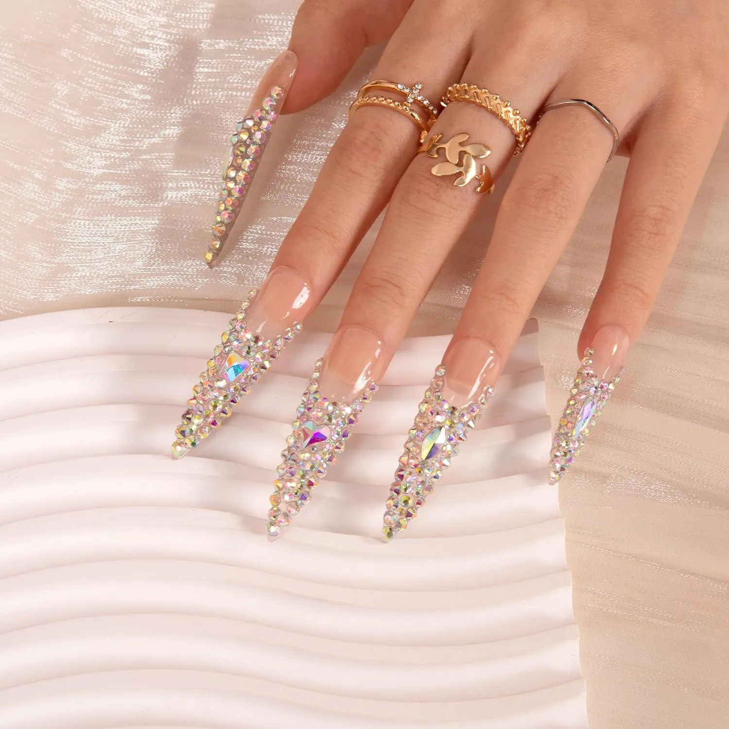 Press on Nails Angel's Tear Rhinestone | Handmade with Full Covered Crystals | Reusable Full Cover Nails | Stiletto Long 2.2 in | H48-L