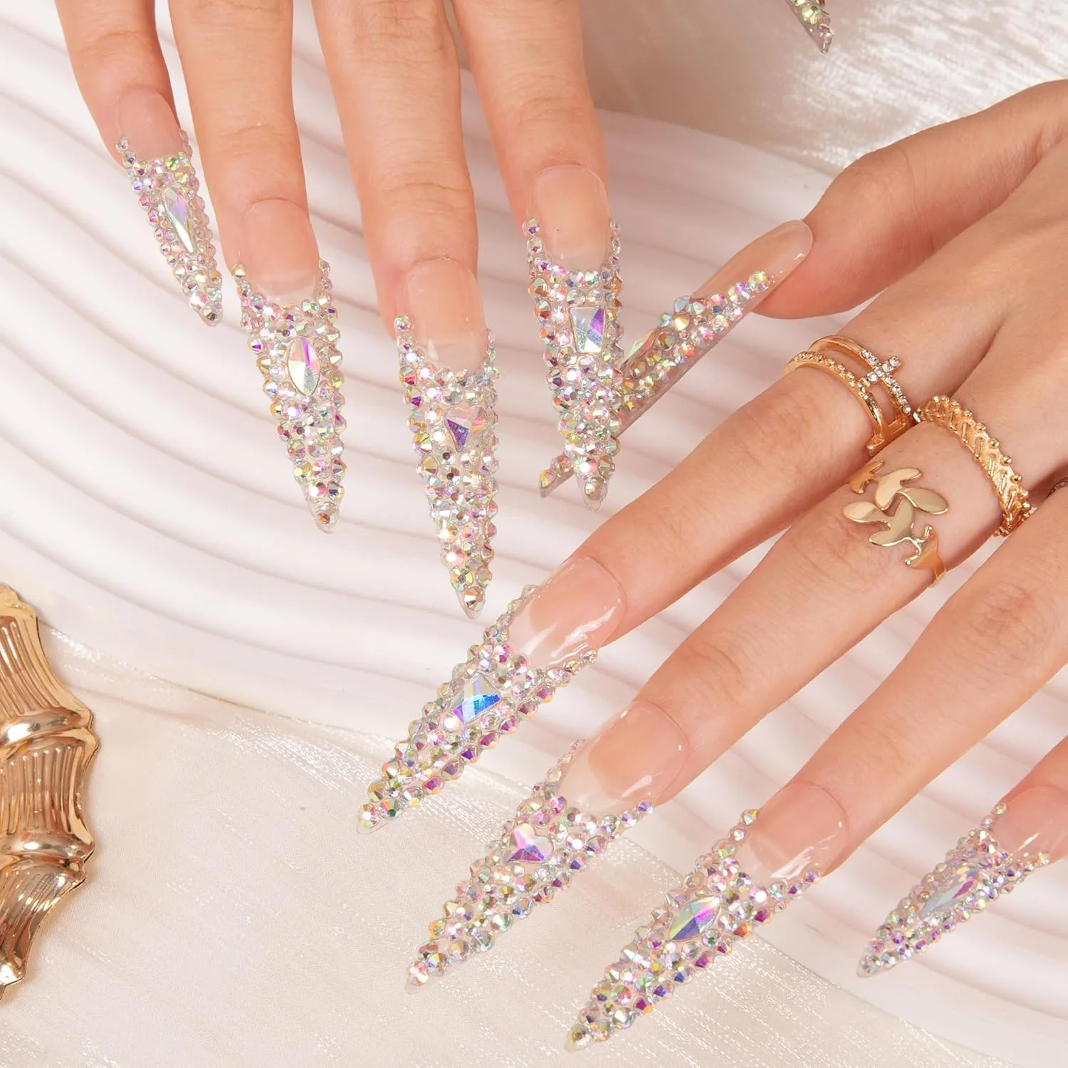 Press on Nails Angel's Tear Rhinestone | Handmade with Full Covered Crystals | Reusable Full Cover Nails | Stiletto Long 2.2 in | H48-L