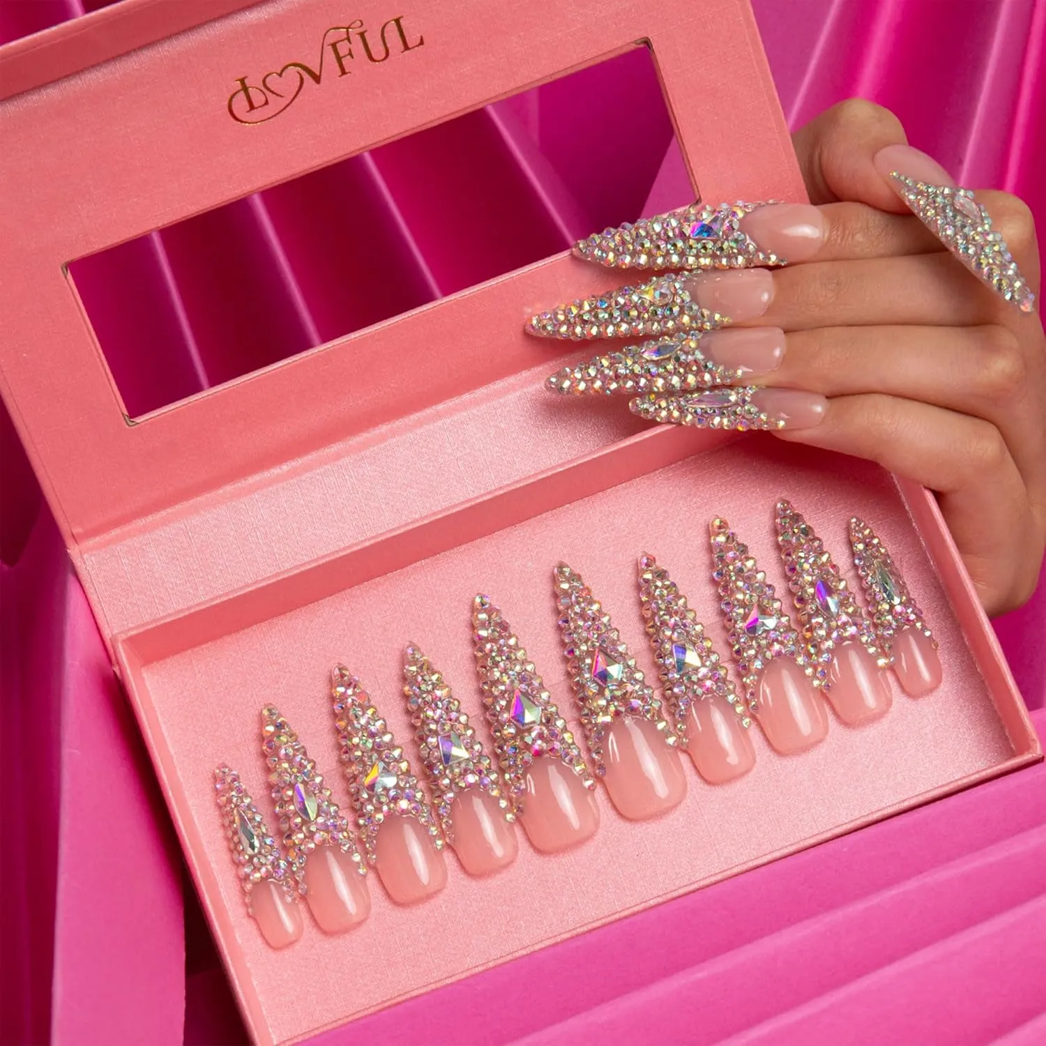 Press on Nails Angel's Tear Rhinestone | Handmade with Full Covered Crystals | Reusable Full Cover Nails | Stiletto Long 2.2 in | H48-L