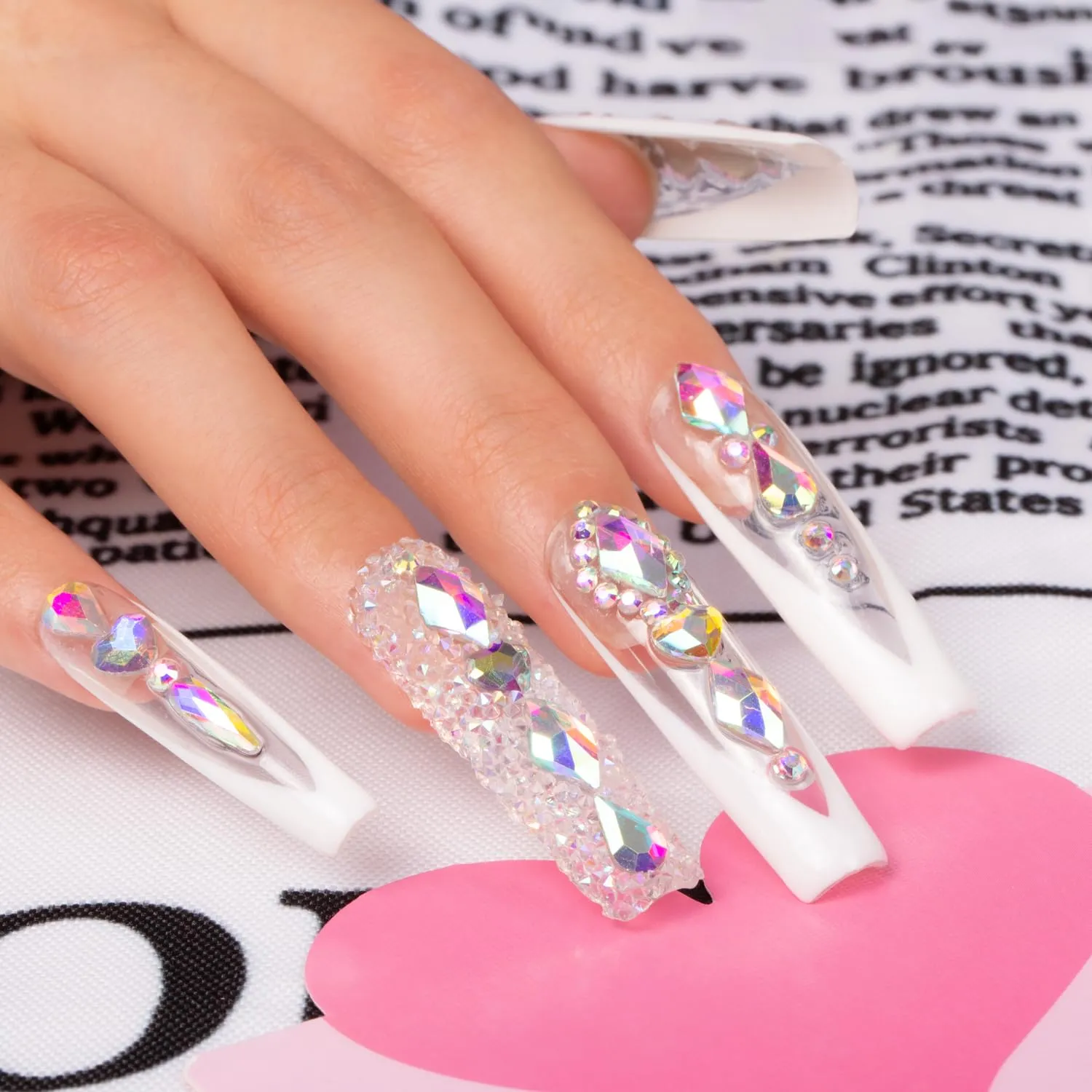 Press on Nails Aurora Light | Handmade with Full Covered Crystals | Reusable Fake Nails | Square Mid length 1.7in | H36-M