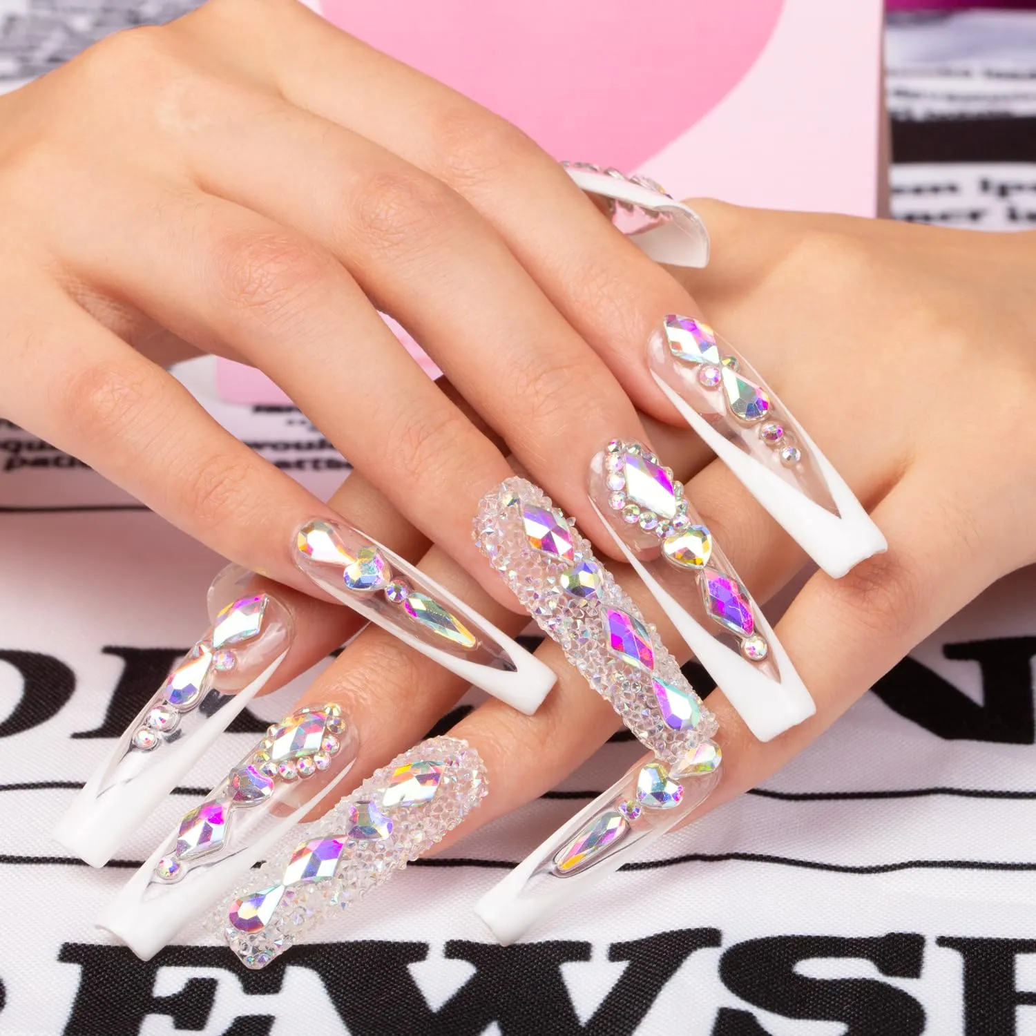 Press on Nails Aurora Light | Handmade with Full Covered Crystals | Reusable Fake Nails | Square Mid length 1.7in | H36-M