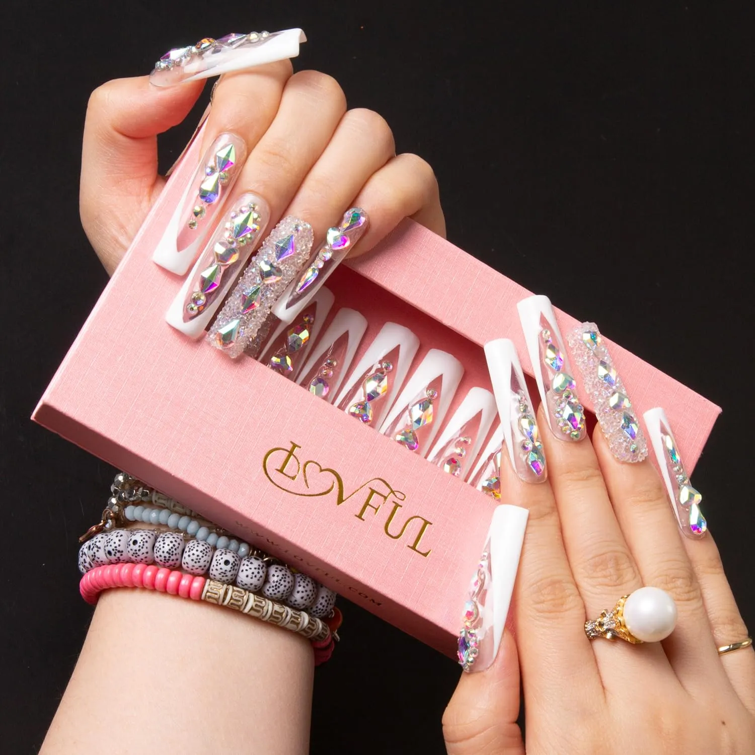 Press on Nails Aurora Light | Handmade with Full Covered Crystals | Reusable Fake Nails | Square Mid length 1.7in | H36-M