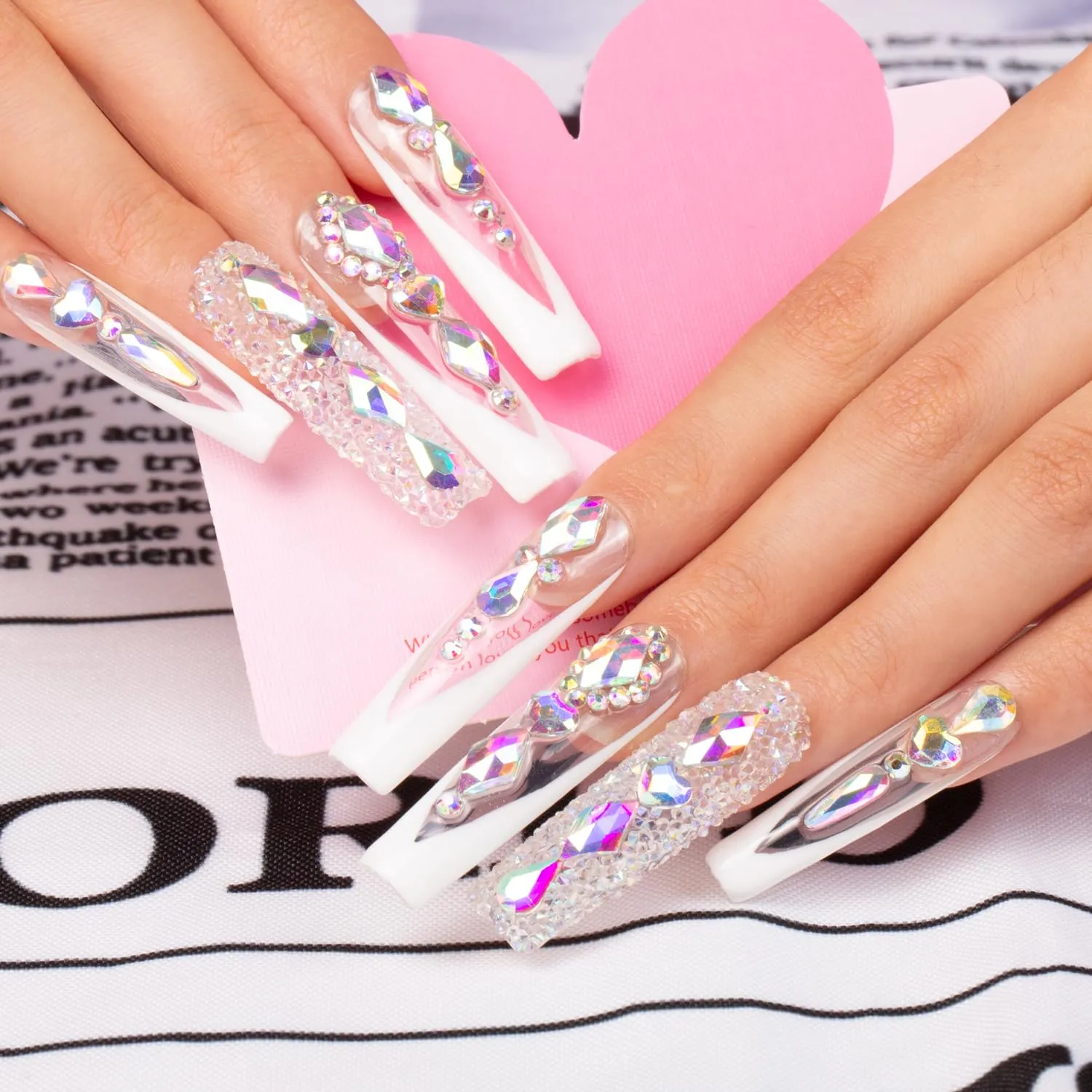 Press on Nails Aurora Light | Handmade with Full Covered Crystals | Reusable Fake Nails | Square Mid length 1.7in | H36-M