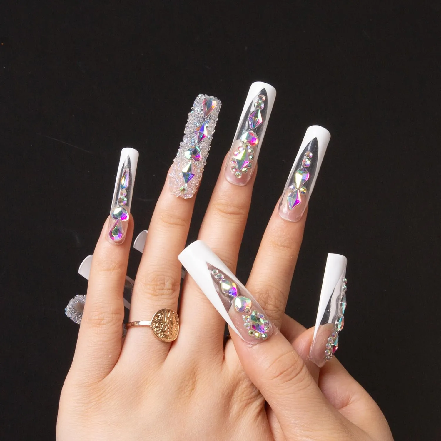 Press on Nails Aurora Light | Handmade with Full Covered Crystals | Reusable Fake Nails | Square Mid length 1.7in | H36-M