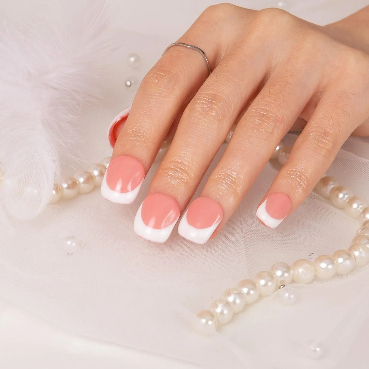 Press on Nails Coffee Latte French Tip| Handmade with Full Covered Crystals | Reusable Fake Nails | Square Short 0.8 in | H12-S