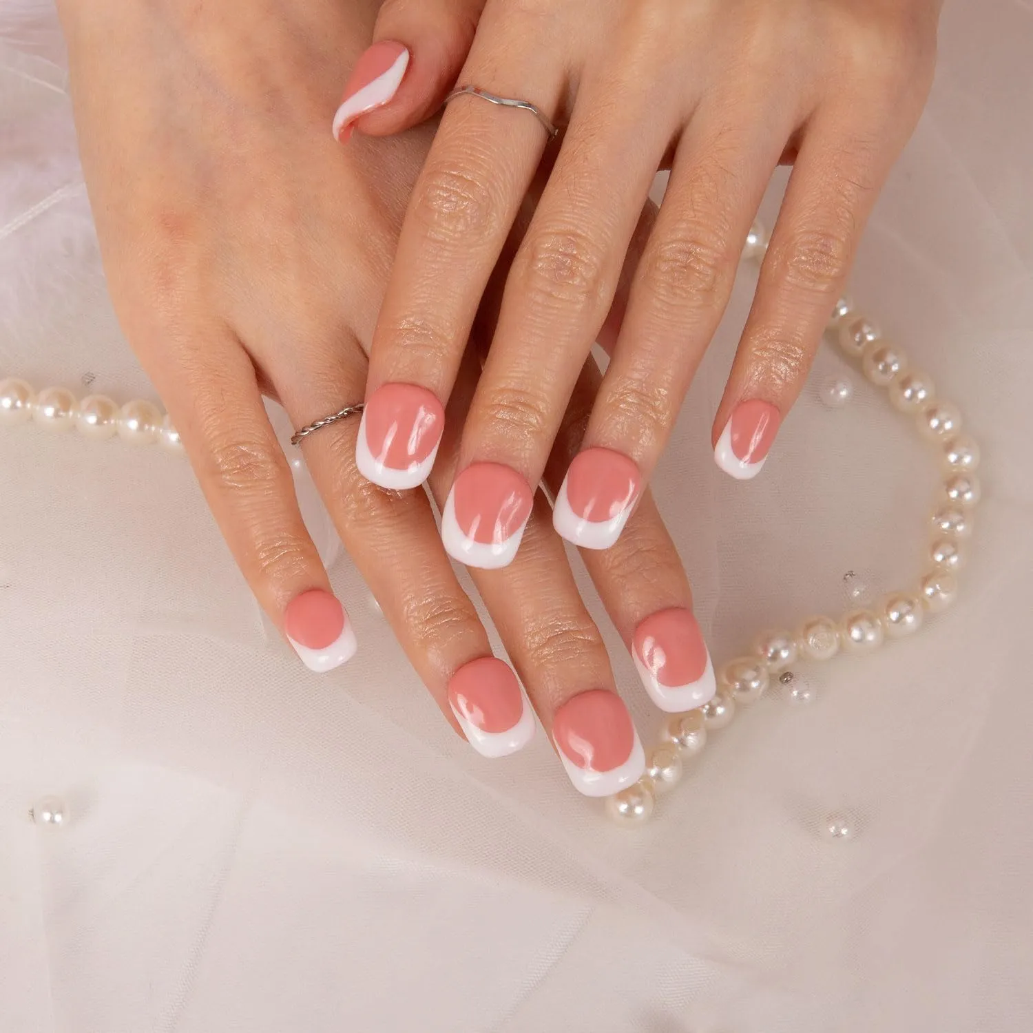 Press on Nails Coffee Latte French Tip| Handmade with Full Covered Crystals | Reusable Fake Nails | Square Short 0.8 in | H12-S