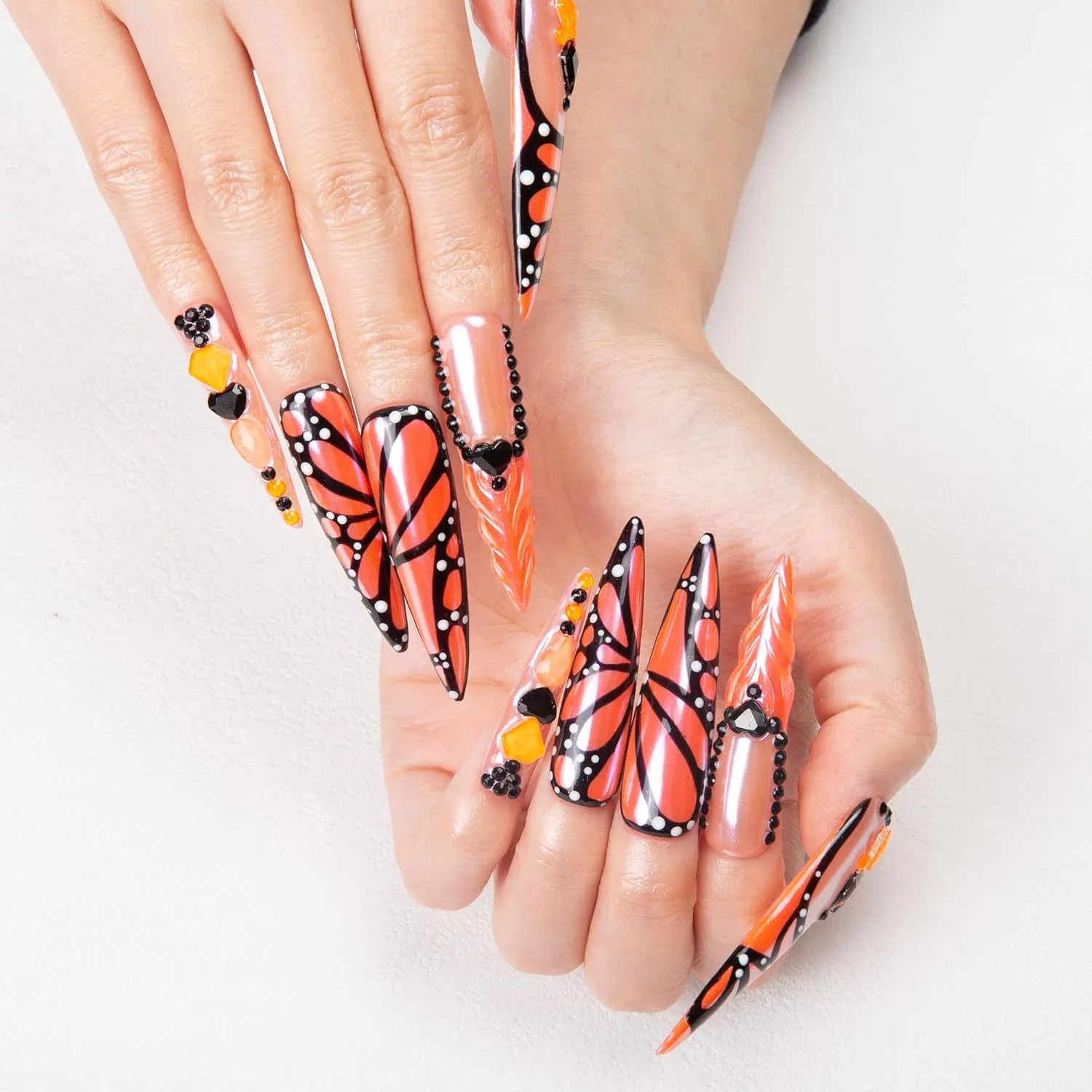 Press on Nails Orange Melody | Handmade with Full Covered Crystals | Reusable Full Cover Nails | Stiletto Long 2.2 in | H263-M