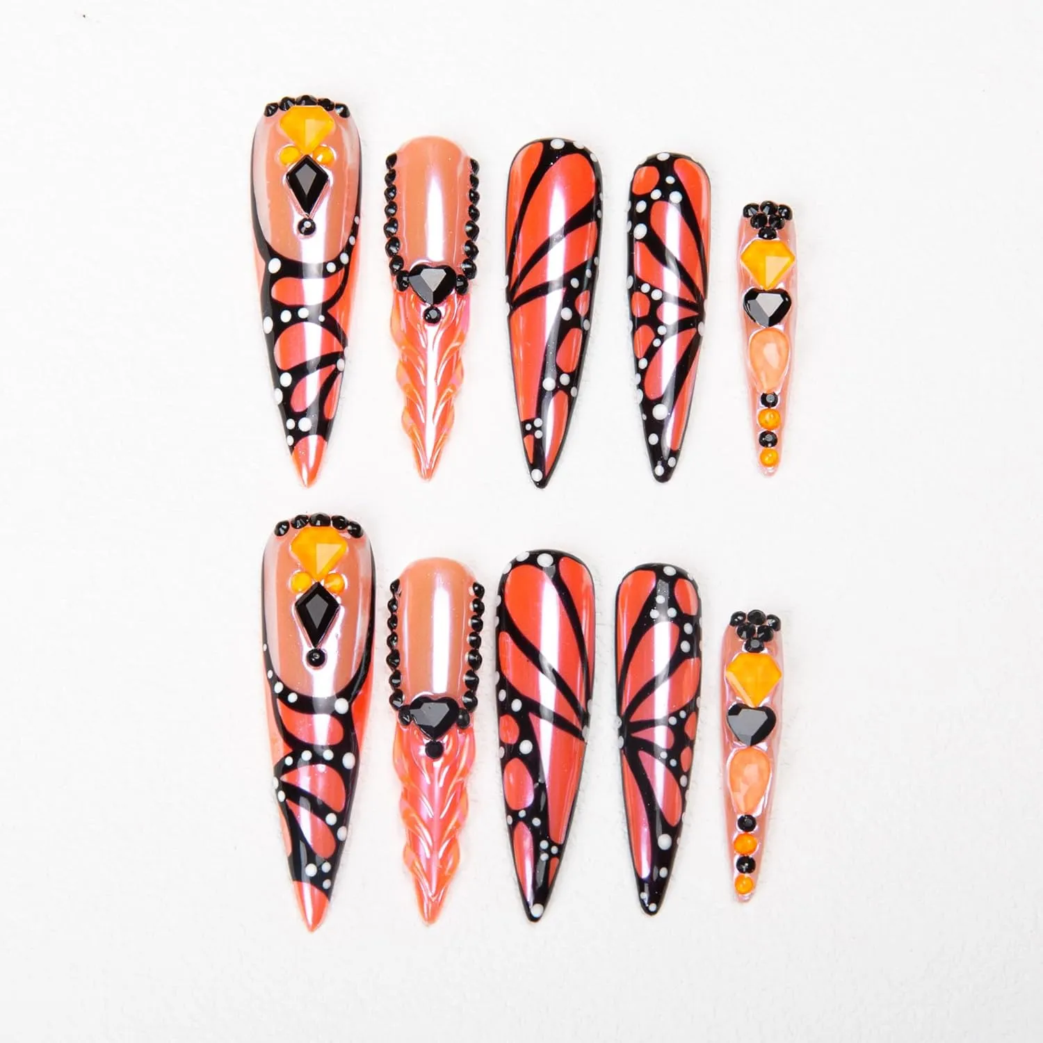 Press on Nails Orange Melody | Handmade with Full Covered Crystals | Reusable Full Cover Nails | Stiletto Long 2.2 in | H263-M