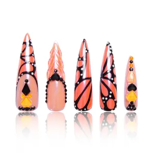 Press on Nails Orange Melody | Handmade with Full Covered Crystals | Reusable Full Cover Nails | Stiletto Long 2.2 in | H263-M