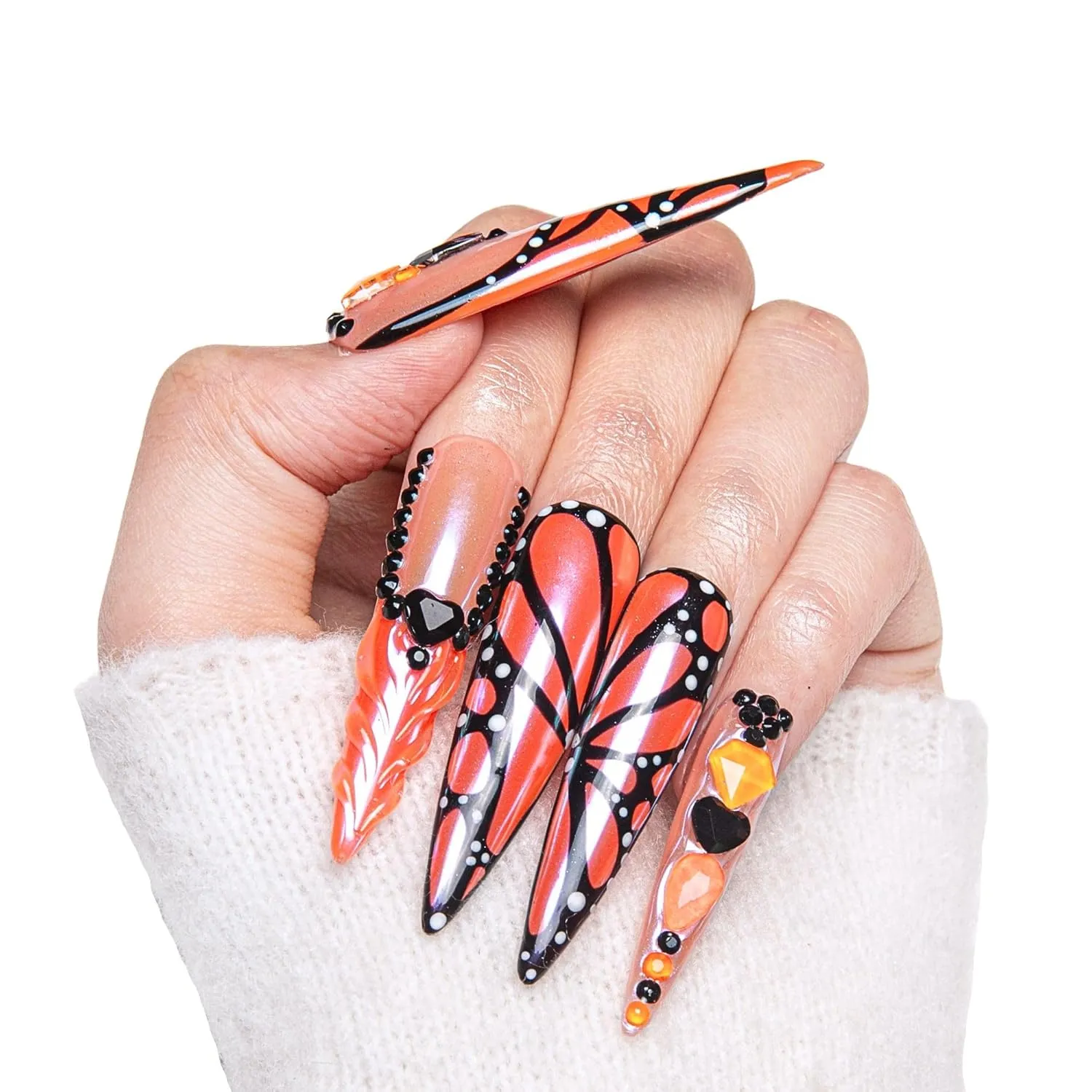 Press on Nails Orange Melody | Handmade with Full Covered Crystals | Reusable Full Cover Nails | Stiletto Long 2.2 in | H263-M