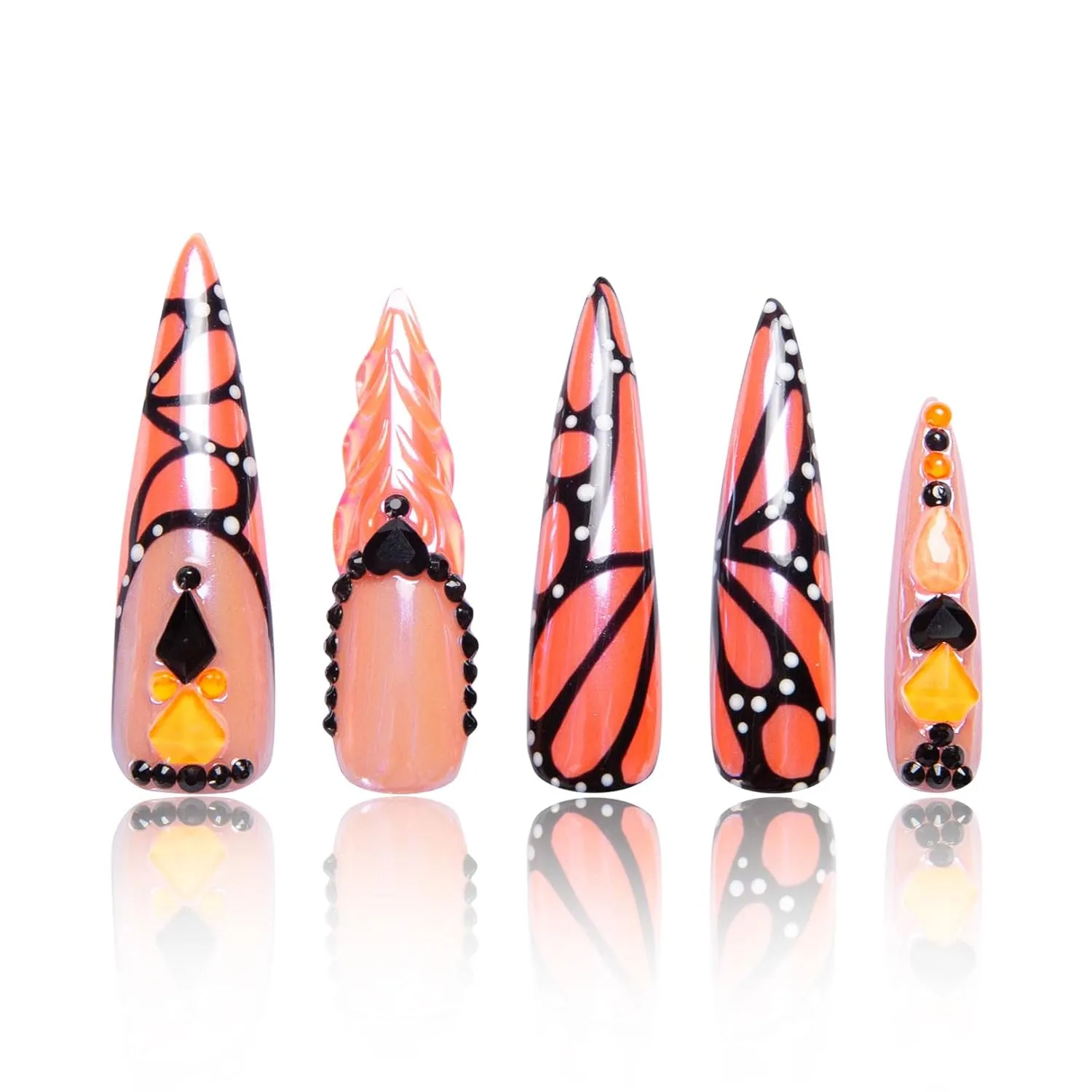 Press on Nails Orange Melody | Handmade with Full Covered Crystals | Reusable Full Cover Nails | Stiletto Long 2.2 in | H263-M