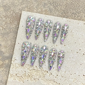 Press On Nails (100% Handmade),Length Version,Handmade Painted Nail Art by Nail Technician,Luxury Party and Holiday Styles (Laser Illusion, Small)