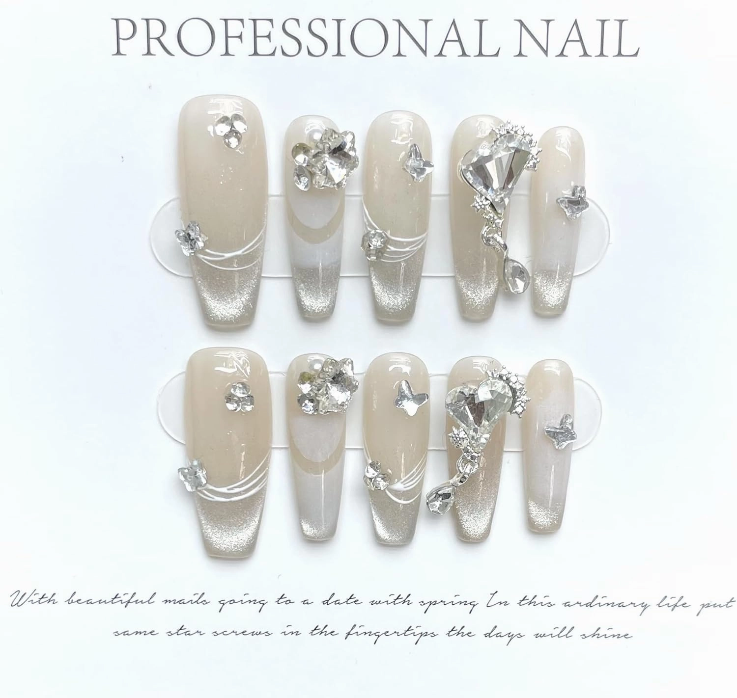 Press On Nails (100% Handmade),Mid-Length Version,Handmade Painted Nail Art by Nail Technician,Luxury (Starry Nude, Medium)