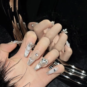 Press On Nails (100% Handmade),Mid-Length Version,Handmade Painted Nail Art by Nail Technician,Luxury (Starry Nude, Medium)