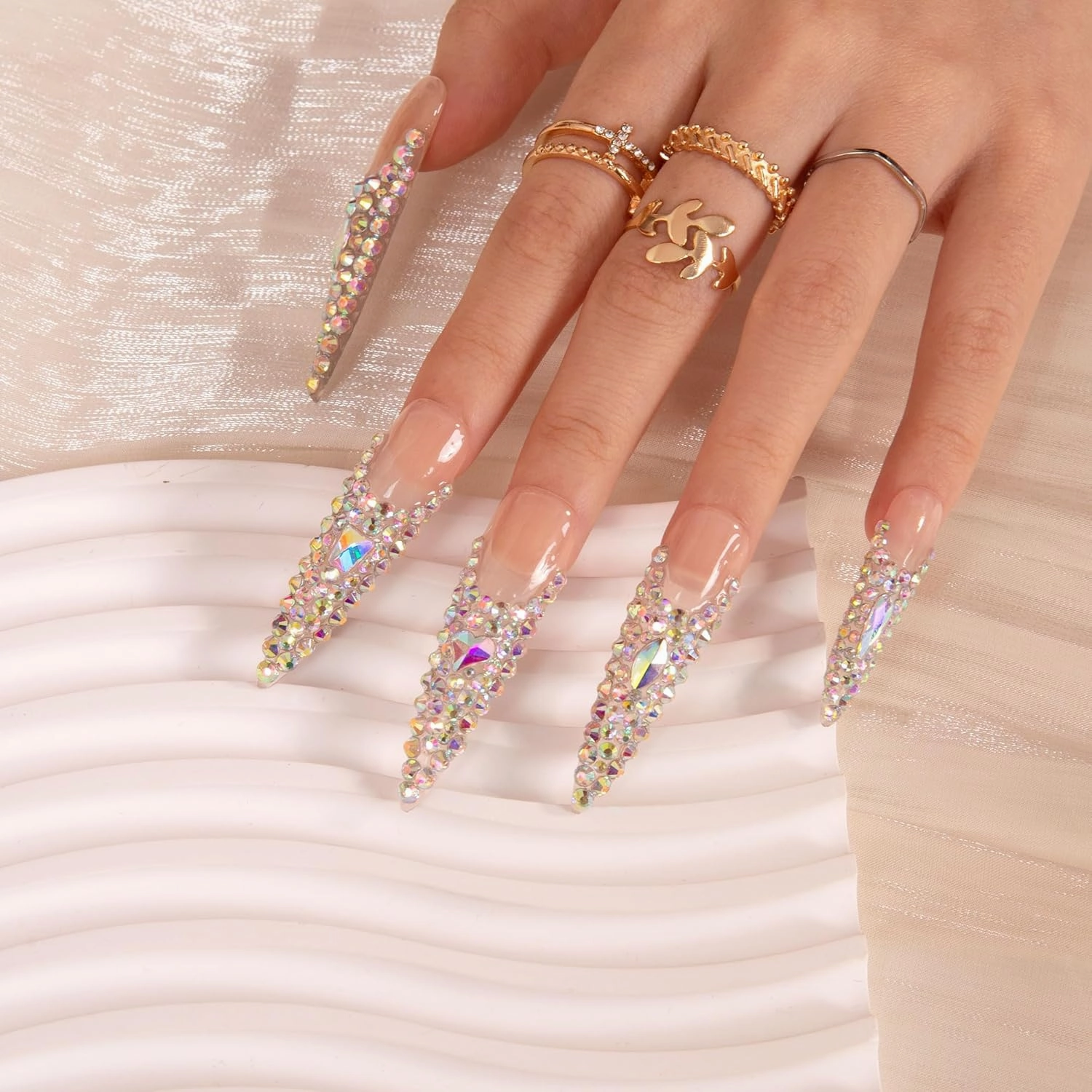 Press on Nails Angel's Tear Rhinestone | Handmade with Full Covered Crystals | Reusable Full Cover Nails | Stiletto Long 2.2 in | H48-M