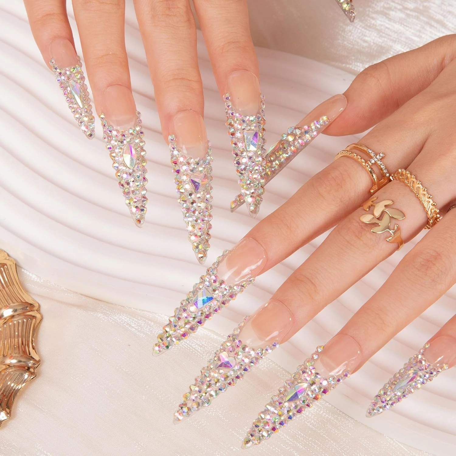 Press on Nails Angel's Tear Rhinestone | Handmade with Full Covered Crystals | Reusable Full Cover Nails | Stiletto Long 2.2 in | H48-M