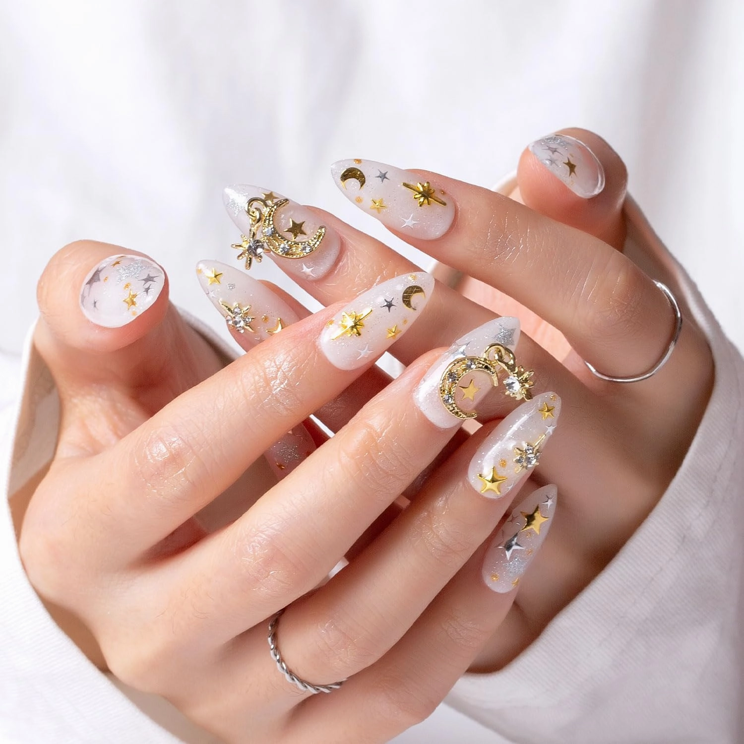 Press on Nails Celestial Radiance | Handmade with Full Covered Crystals | Reusable Full Cover Nails | Almond Regular 1.0 in | P006-M