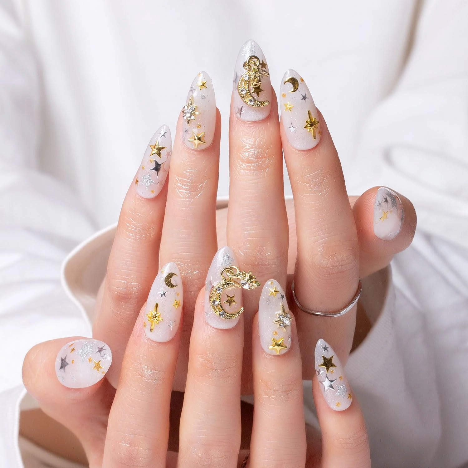 Press on Nails Celestial Radiance | Handmade with Full Covered Crystals | Reusable Full Cover Nails | Almond Regular 1.0 in | P006-M