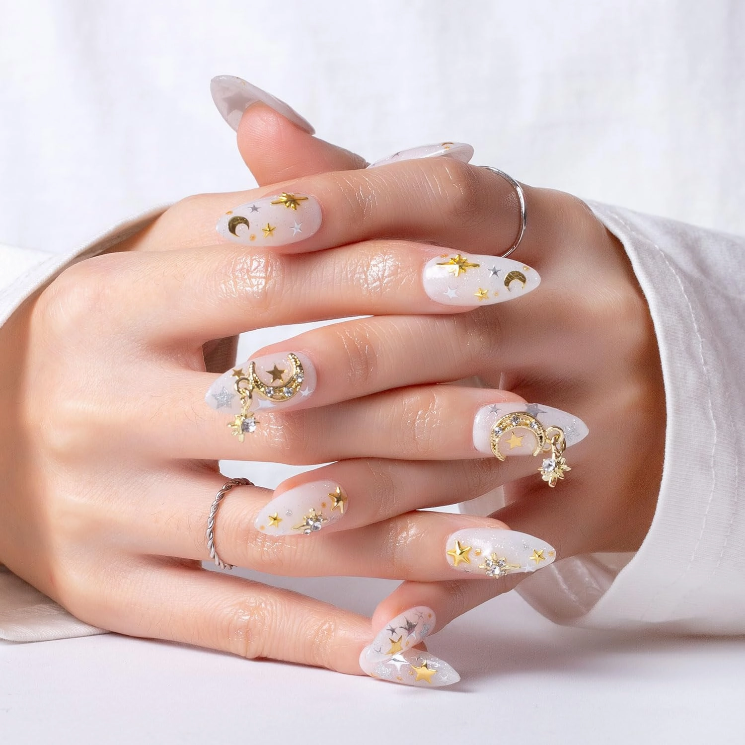 Press on Nails Celestial Radiance | Handmade with Full Covered Crystals | Reusable Full Cover Nails | Almond Regular 1.0 in | P006-M