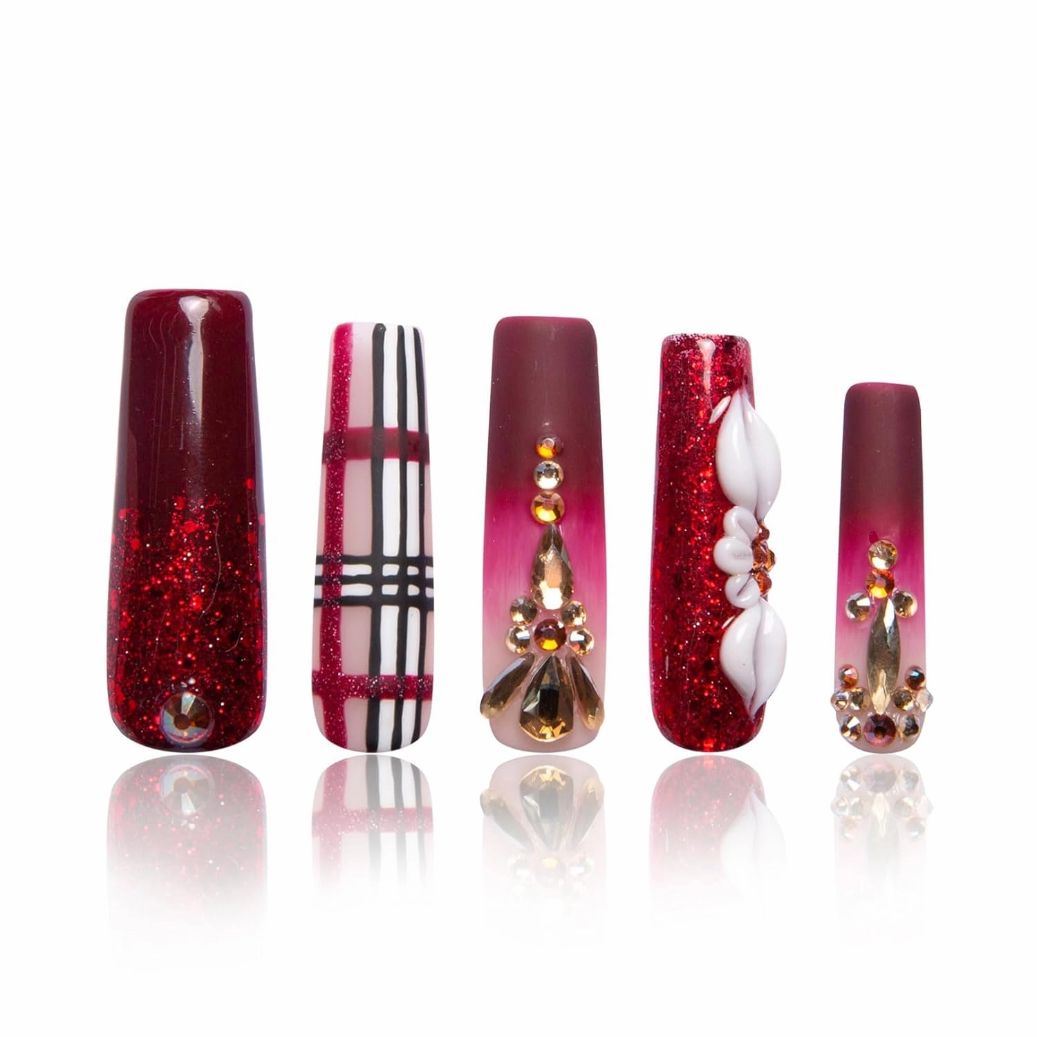 Press on Nails Crimson Charm| Handmade with Full Covered Crystals| Reusable Fake Nails| Square Mid length 1.7in| H345-L