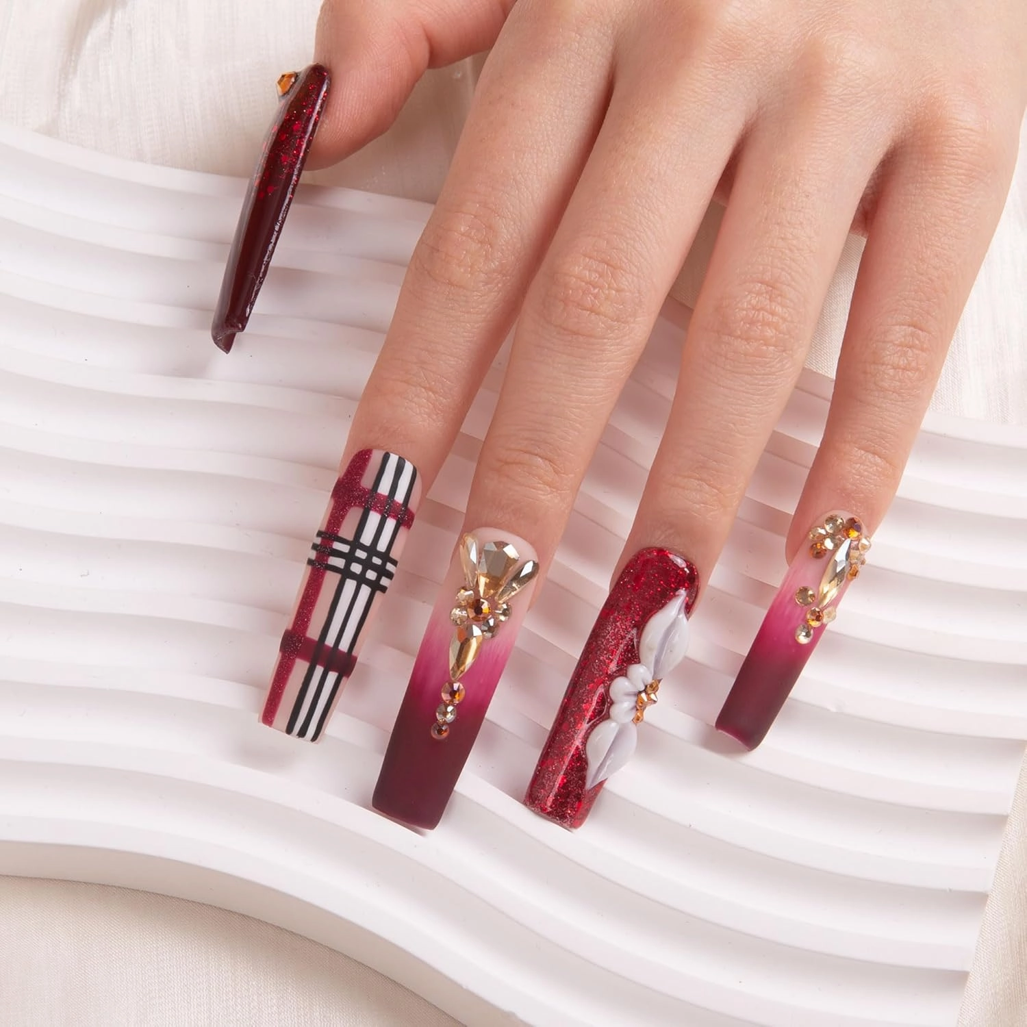 Press on Nails Crimson Charm| Handmade with Full Covered Crystals| Reusable Fake Nails| Square Mid length 1.7in| H345-L