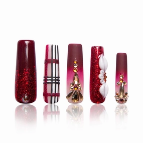 Press on Nails Crimson Charm| Handmade with Full Covered Crystals| Reusable Fake Nails| Square Mid length 1.7in| H345-L