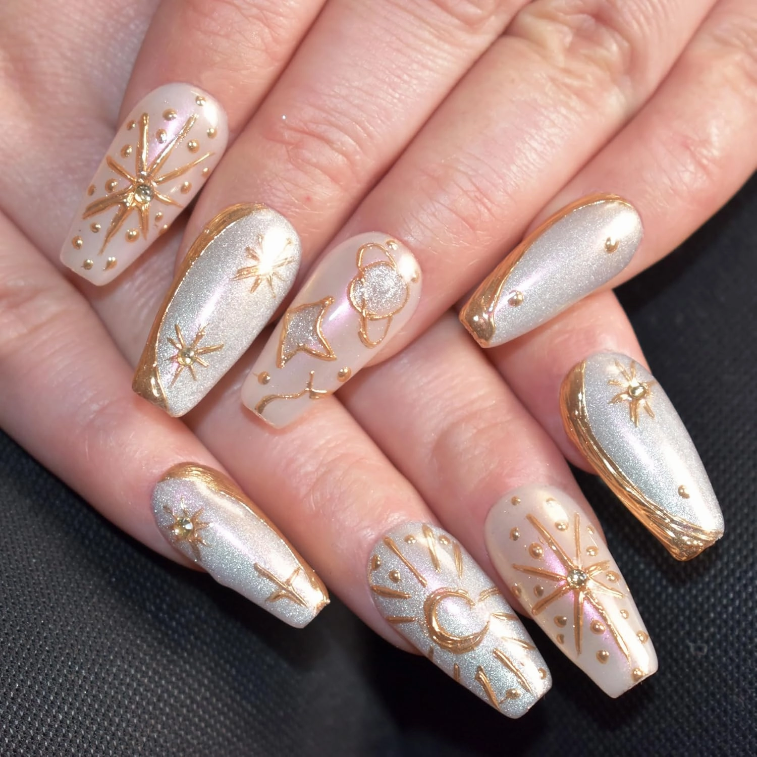 Press On Nails Handmade Silver Cat Eye Full Cover Acrylic False Nails with Bohemia Gold Stars and Moon Design for Women Reusable Glitter Medium Coffin 10 Pcs