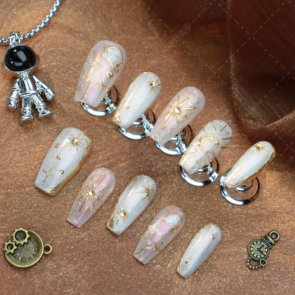 Press On Nails Handmade Silver Cat Eye Full Cover Acrylic False Nails with Bohemia Gold Stars and Moon Design for Women Reusable Glitter Medium Coffin 10 Pcs