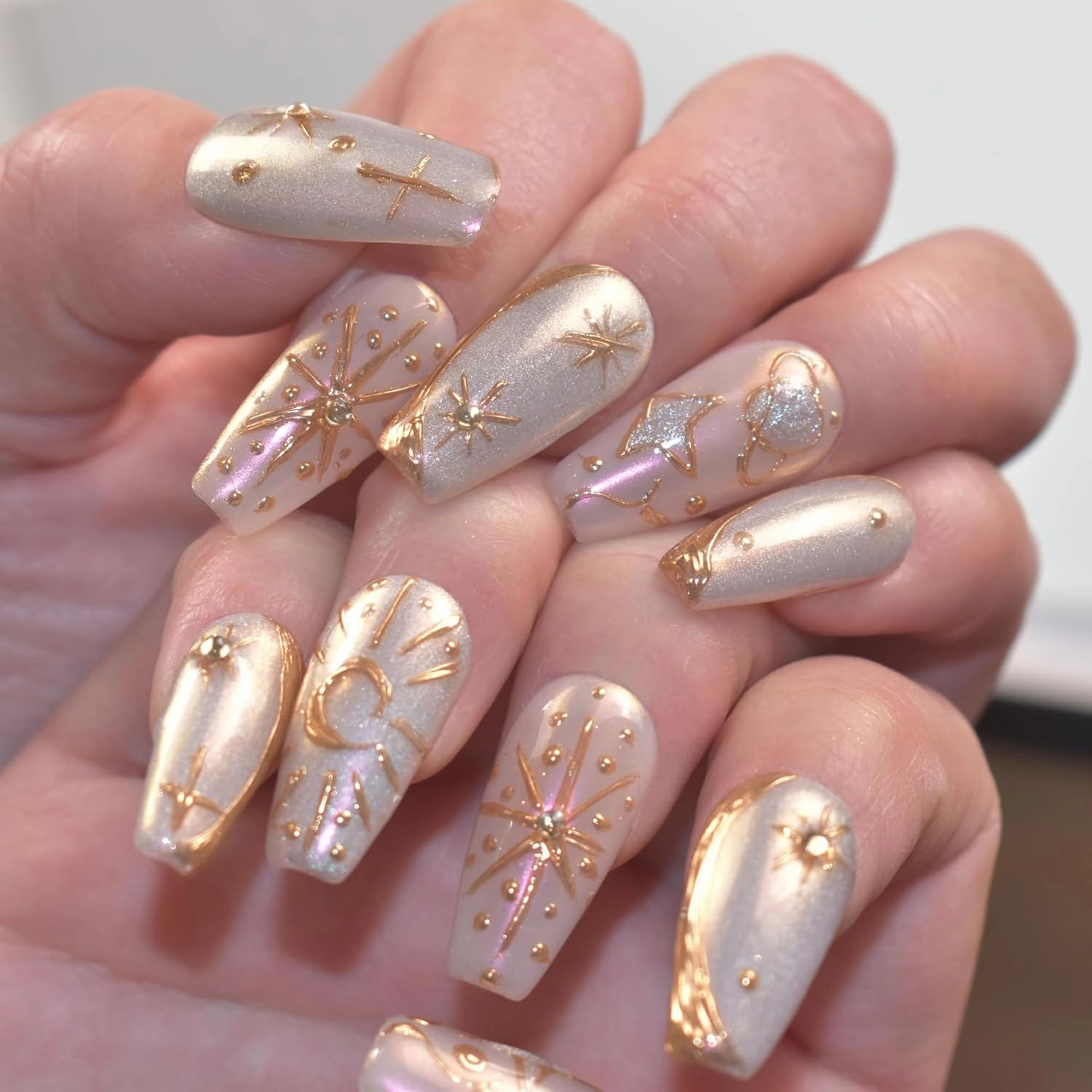Press On Nails Handmade Silver Cat Eye Full Cover Acrylic False Nails with Bohemia Gold Stars and Moon Design for Women Reusable Glitter Medium Coffin 10 Pcs