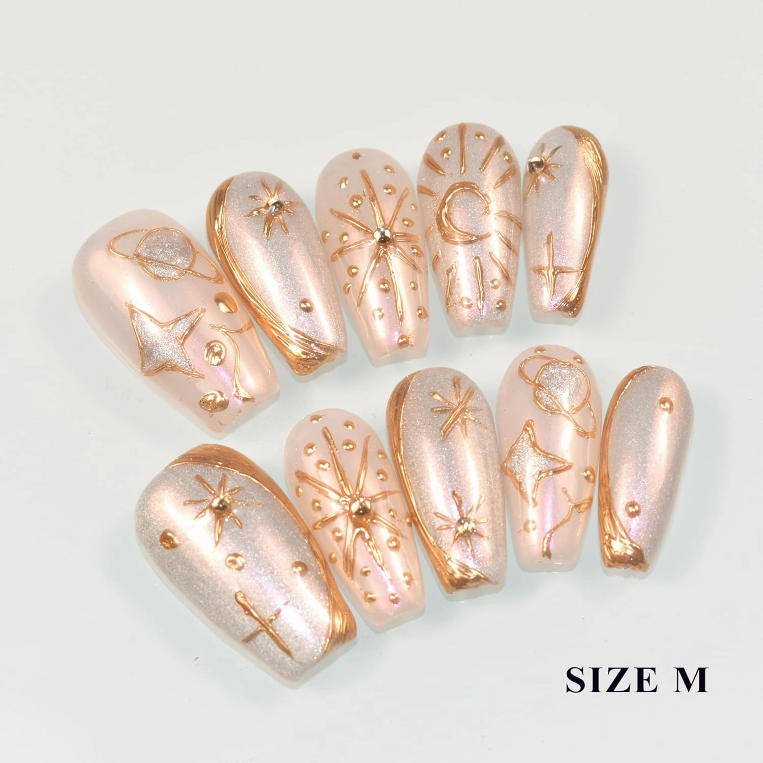 Press On Nails Handmade Silver Cat Eye Full Cover Acrylic False Nails with Bohemia Gold Stars and Moon Design for Women Reusable Glitter Medium Coffin 10 Pcs