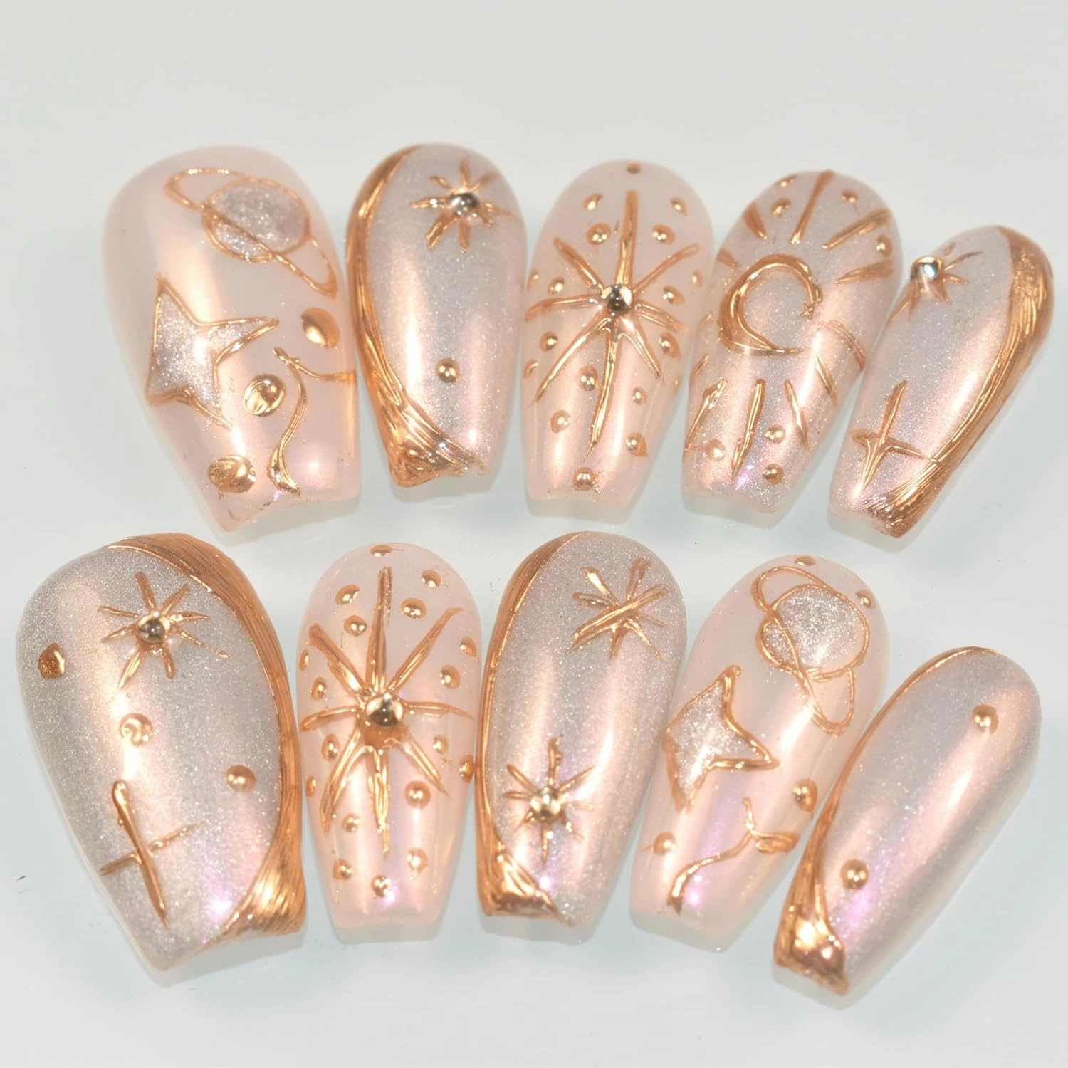 Press On Nails Handmade Silver Cat Eye Full Cover Acrylic False Nails with Bohemia Gold Stars and Moon Design for Women Reusable Glitter Medium Coffin 10 Pcs