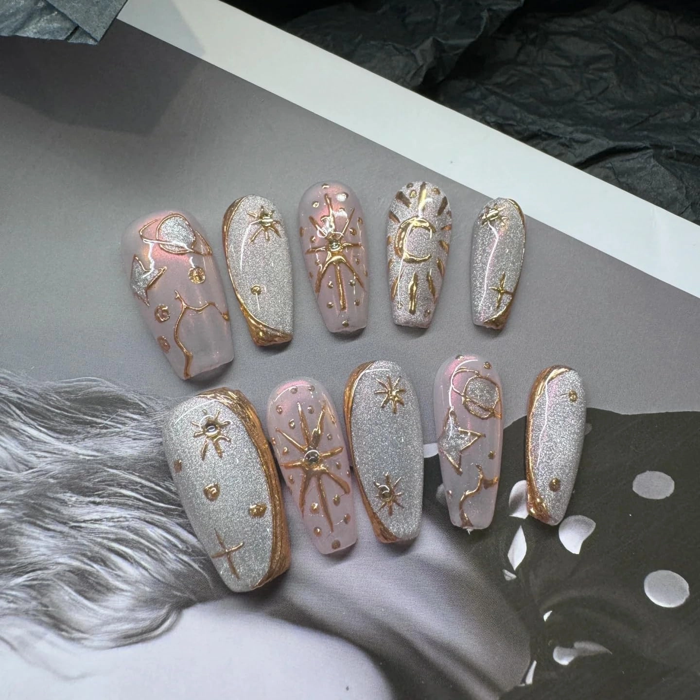 Press On Nails Handmade Silver Cat Eye Full Cover Acrylic False Nails with Bohemia Gold Stars and Moon Design for Women Reusable Glitter Medium Coffin 10 Pcs