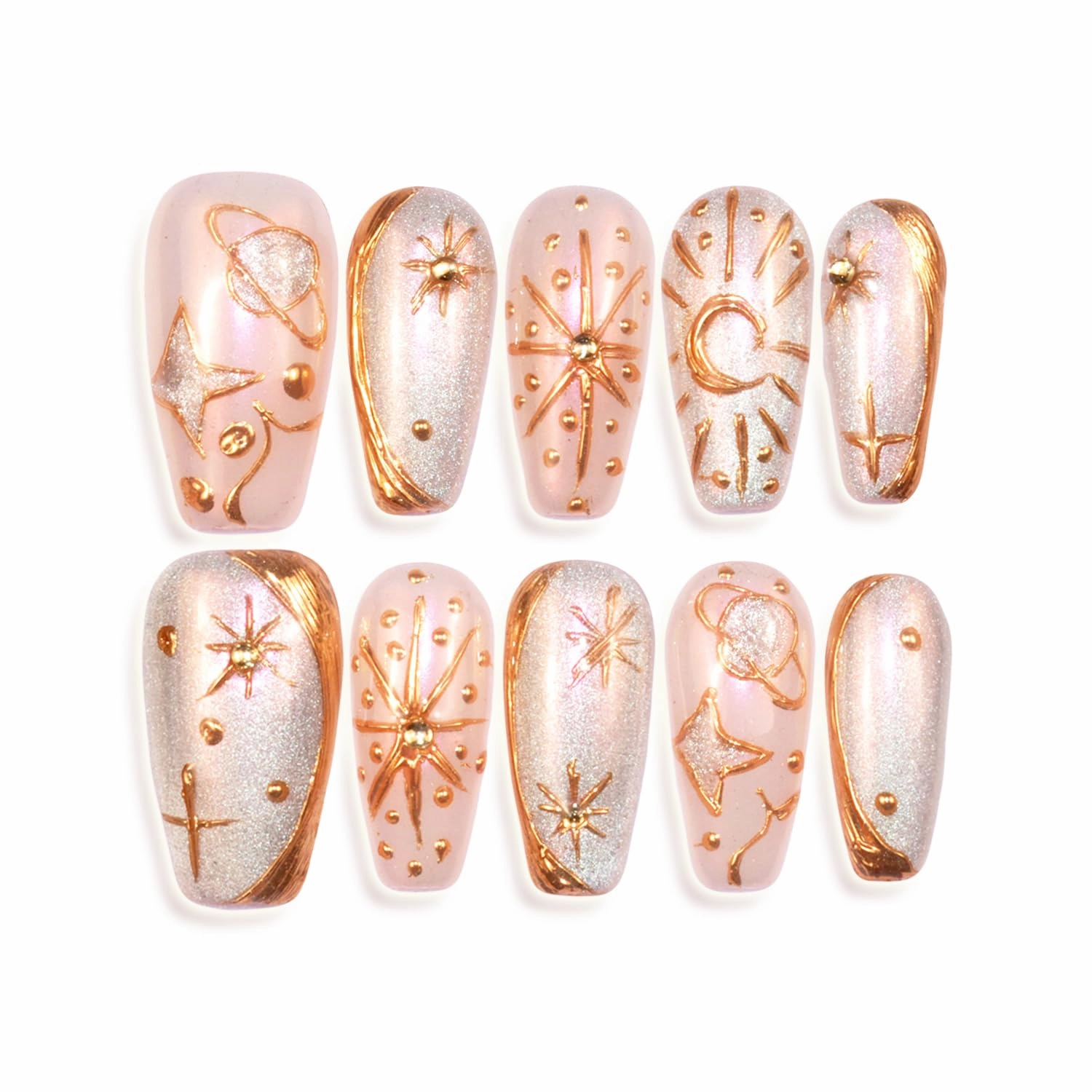 Press On Nails Handmade Silver Cat Eye Full Cover Acrylic False Nails with Bohemia Gold Stars and Moon Design for Women Reusable Glitter Medium Coffin 10 Pcs