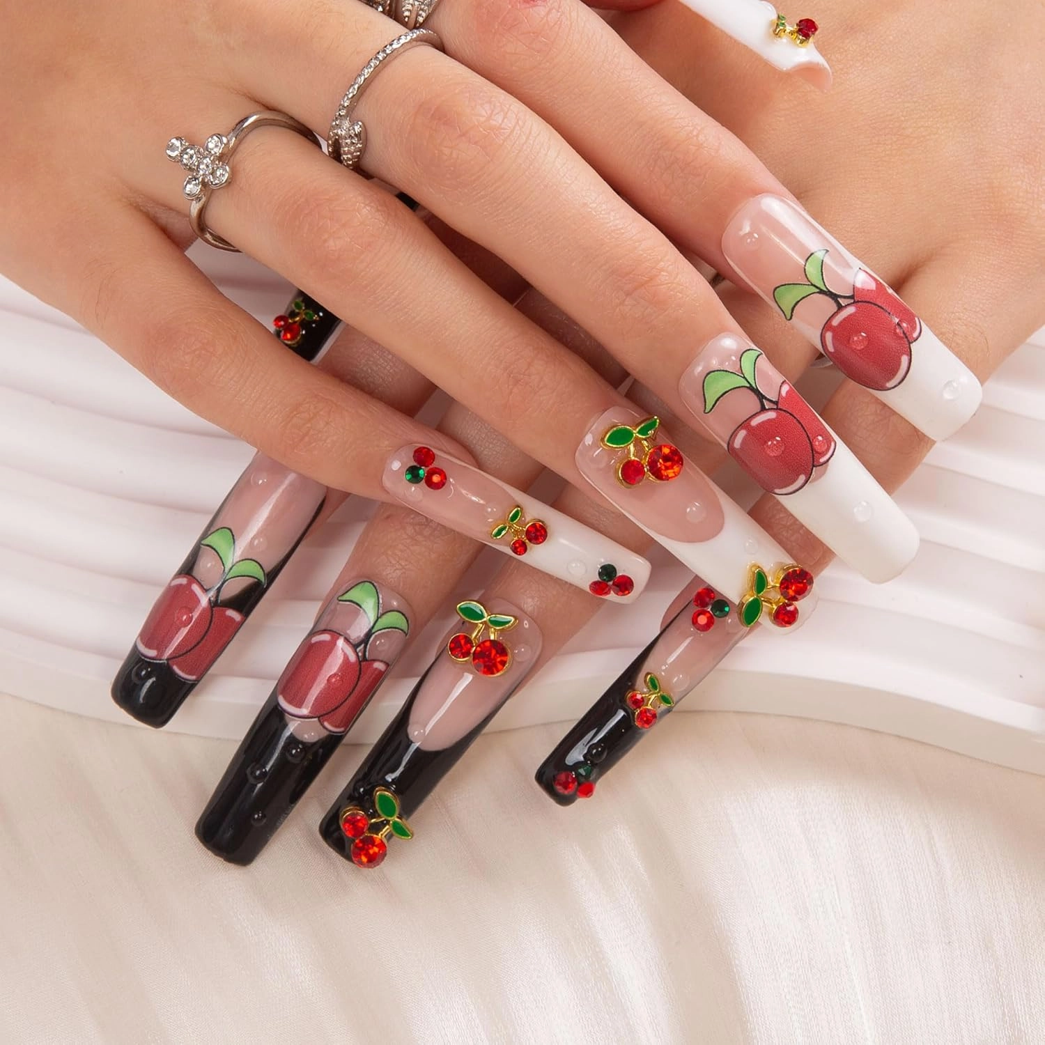 Press on Nails My Sweetie French Tip| Handmade with Full Covered Crystals| Reusable Fake Nails| Square Mid length 1.7in| H162-L