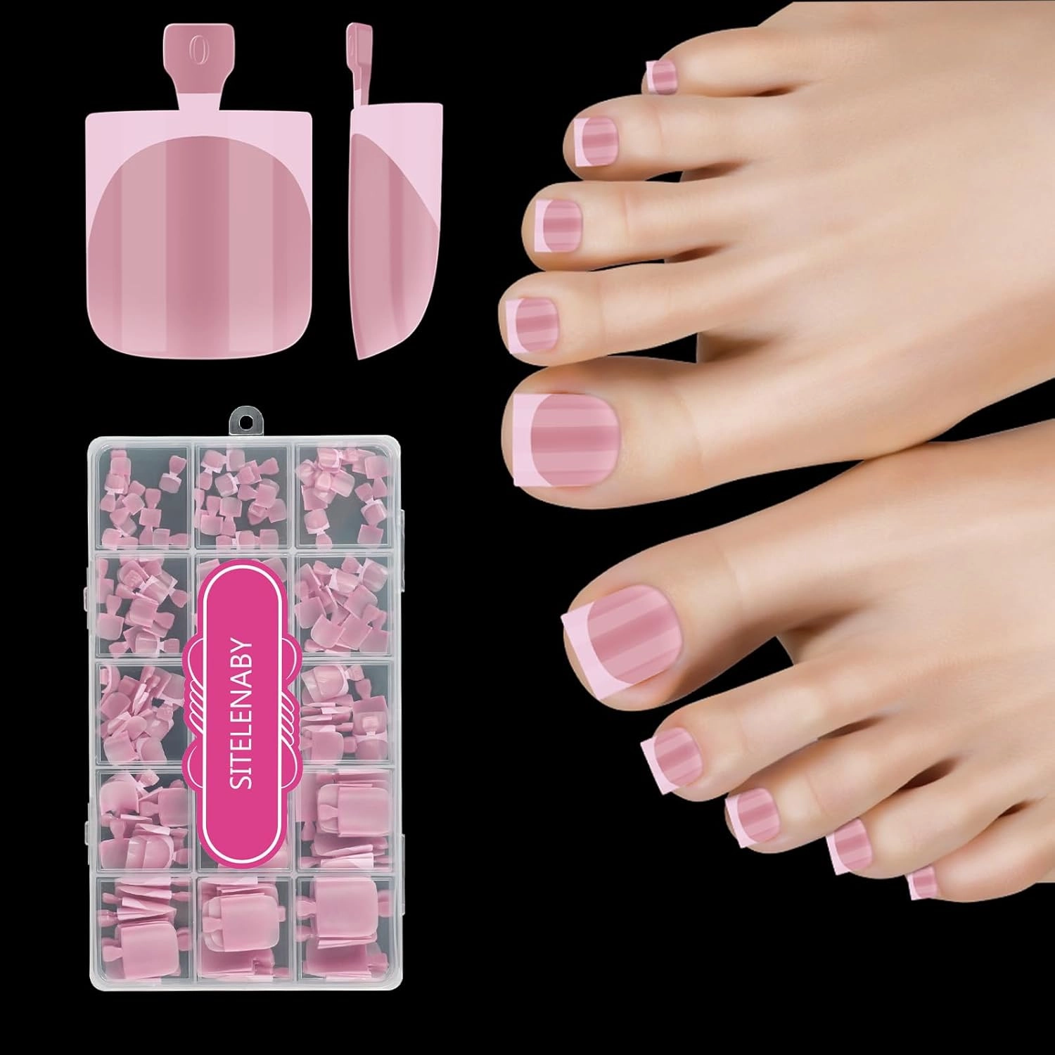 Press On Toenails for Women,SITELENABY Pink French Toe Nail Press Ons Toe Tips,180 pcs Square Toe Nail Tips,15 Sizes Soft Gel False Toenail Extension Press On Nails,Full Cover Acrylic for Salon X