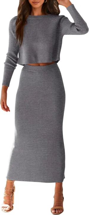 PRETTYGARDEN Women's Spring Fall 2 Piece Sweater Set Rib Knit Long Sleeve Crop Top Maxi Bodycon Skirt Casual Winter Outfits