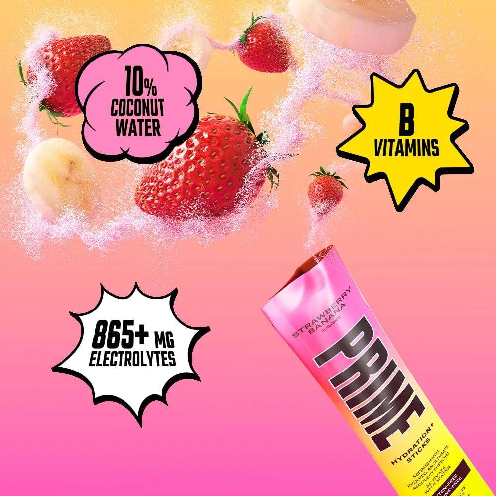PRIME HYDRATION  Sticks Strawberry Banana | Hydration Powder Single Serve Sticks | Electrolyte Powder On The Go | Low Sugar | Caffeine-Free | Vegan | 16 Sticks