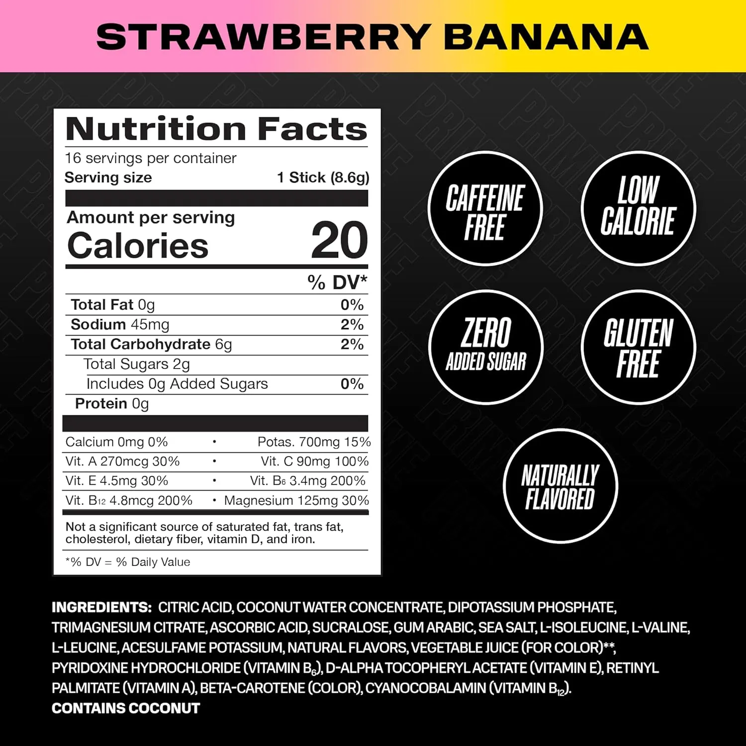 PRIME HYDRATION  Sticks Strawberry Banana | Hydration Powder Single Serve Sticks | Electrolyte Powder On The Go | Low Sugar | Caffeine-Free | Vegan | 16 Sticks