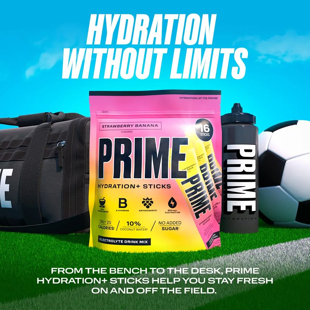PRIME HYDRATION  Sticks Strawberry Banana | Hydration Powder Single Serve Sticks | Electrolyte Powder On The Go | Low Sugar | Caffeine-Free | Vegan | 16 Sticks