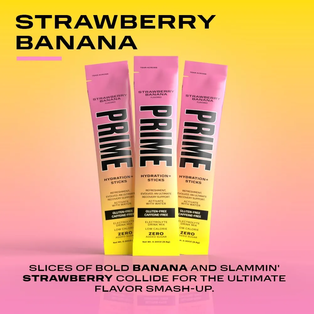 PRIME HYDRATION  Sticks Strawberry Banana | Hydration Powder Single Serve Sticks | Electrolyte Powder On The Go | Low Sugar | Caffeine-Free | Vegan | 16 Sticks