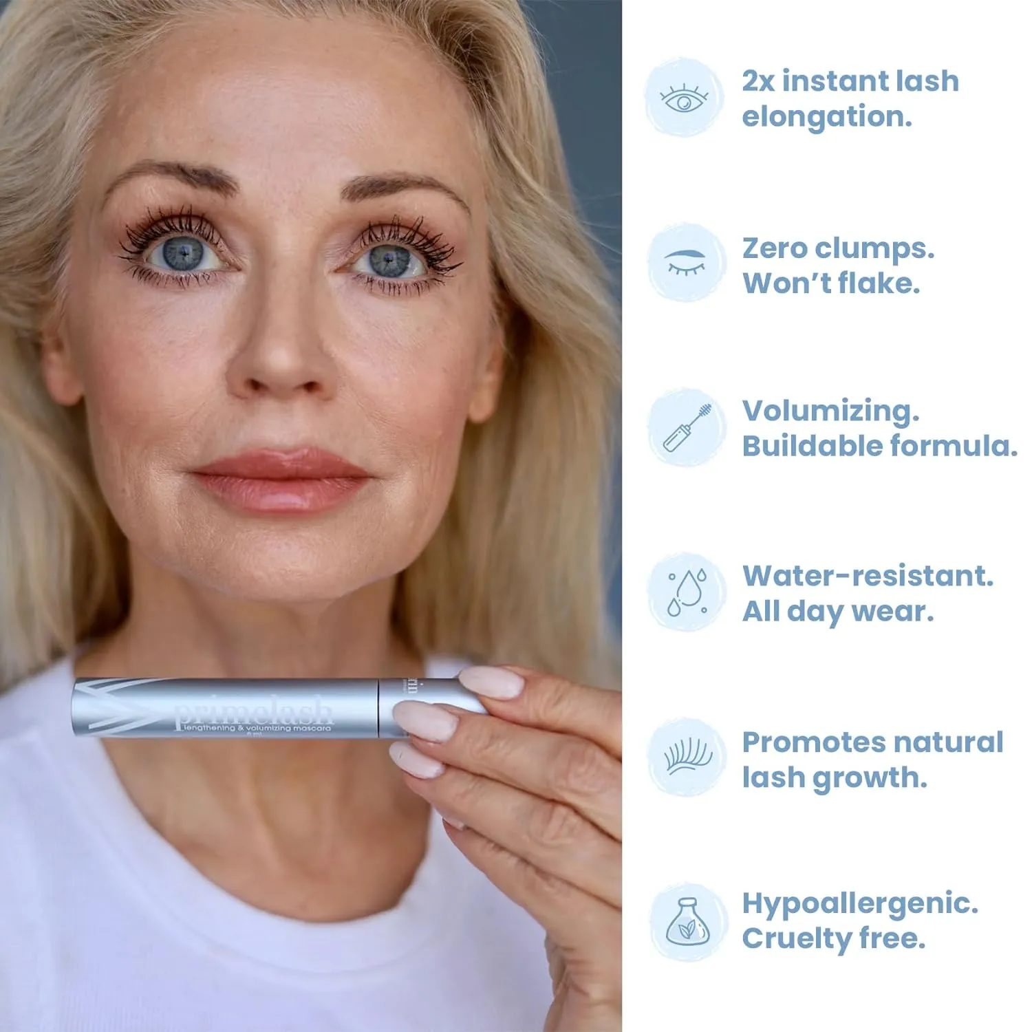 PrimeLash Mascara for Older Women – Volumizing, Incredible Length in 2 Coats – Long-Stay, Zero Clumps, Hypoallergenic (Black)