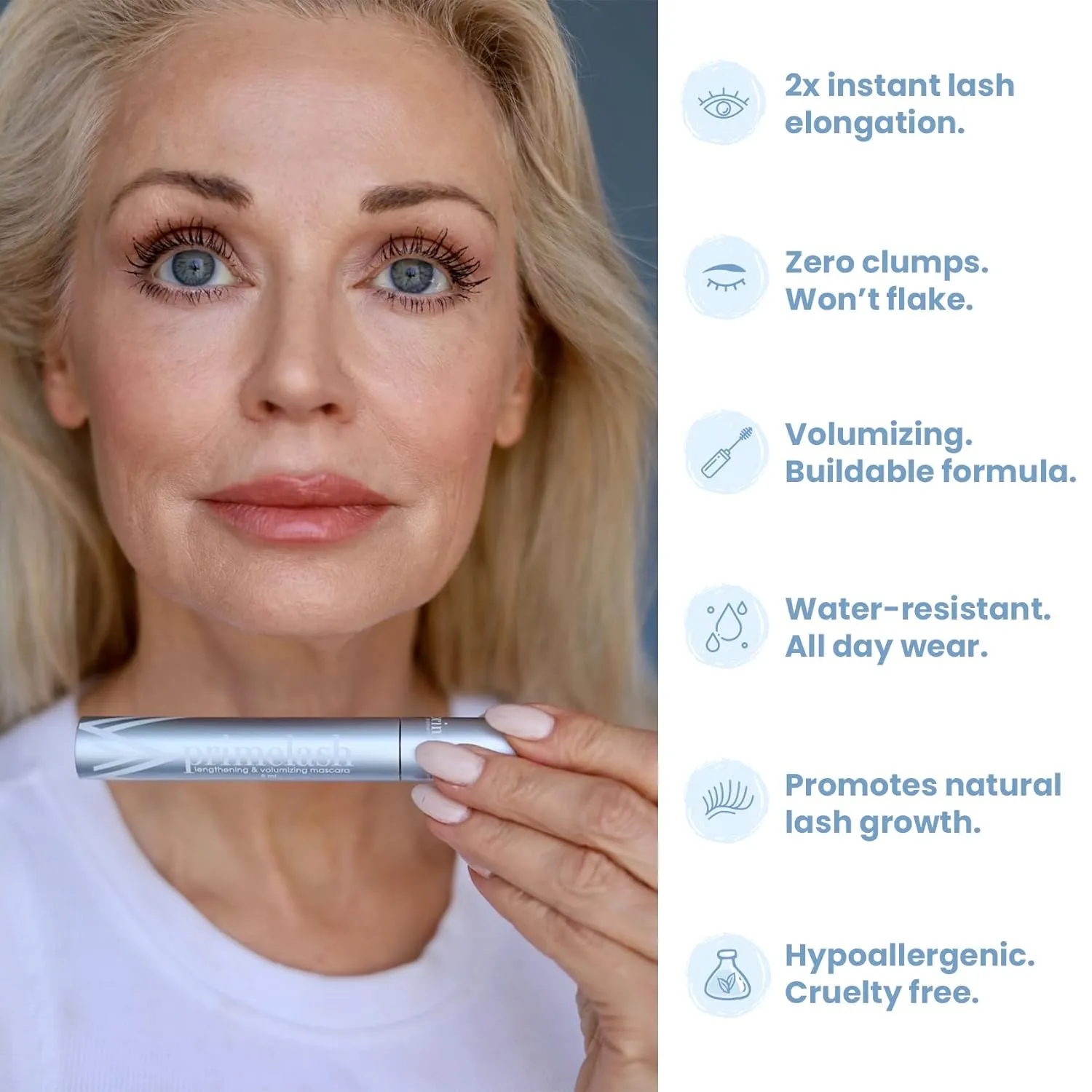 PrimeLash Mascara for Older Women – Volumizing, Incredible Length in 2 Coats – Long-Stay, Zero Clumps, Hypoallergenic (Blue)