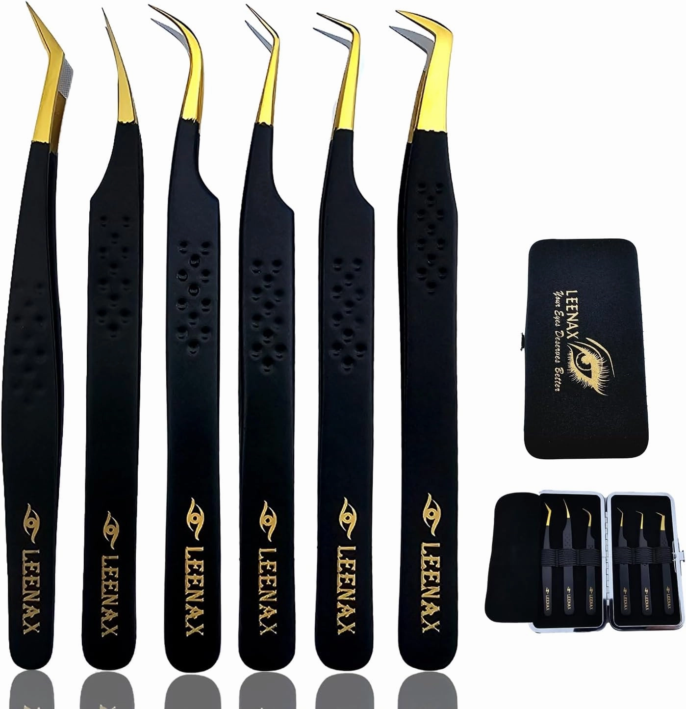 Professional Pack of 6 All Fiber Tip (Anti – Slip) Eyelash Extension Tweezers Japanese Stainless Steel, 2D-6D Volume Tweezers (Black)
