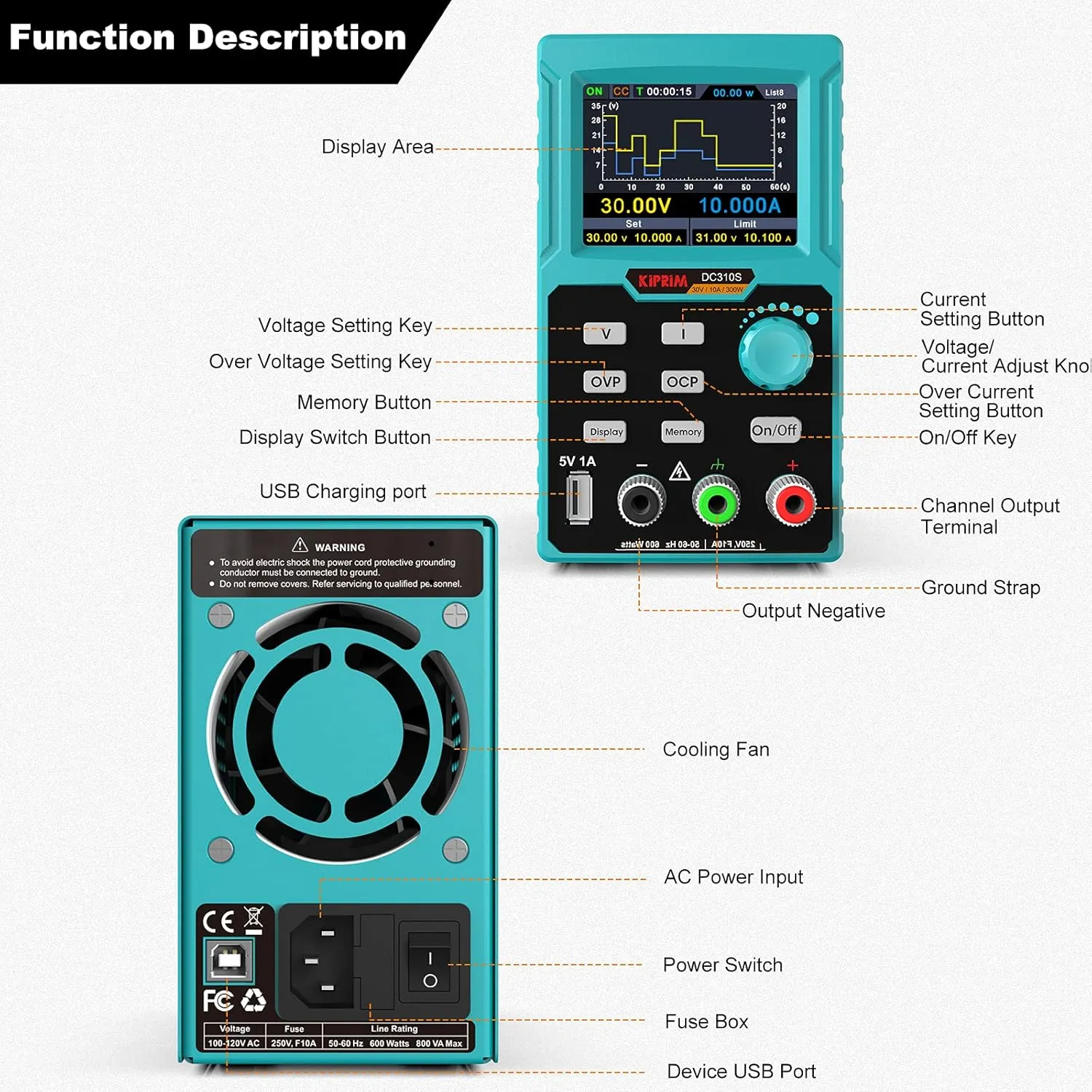 Programmable DC Power Supply (0-30 V 0-10 A) 110V Input High Precision 4-Digit Multiple Protection with PC Software and USB Charging