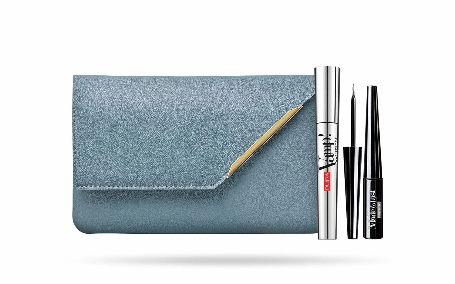 Pupa Milano Vamp! Mascara Waterproof And Made To Last Liner Set - Volume Mascara And Waterproof Eyeliner - Long Lasting Hold - Ultra Fine Brush And Bright Black Color - Clutch Bag - 3 Pc Mascara Kit