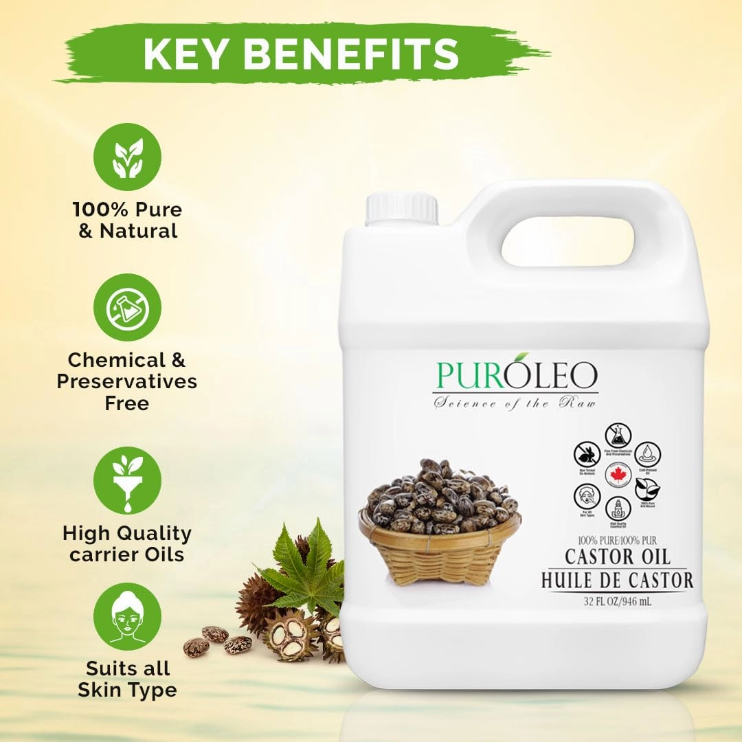 PUROLEO Castor Oil 32 Fl Oz/946 ML (Packed In Canada) 100% Pure and Natural Hair, Lash, Beard, Eyelashes & Eyebrow Oil Black castor oil for brow lashes, Make eyelash serum, hair serum for dry hair