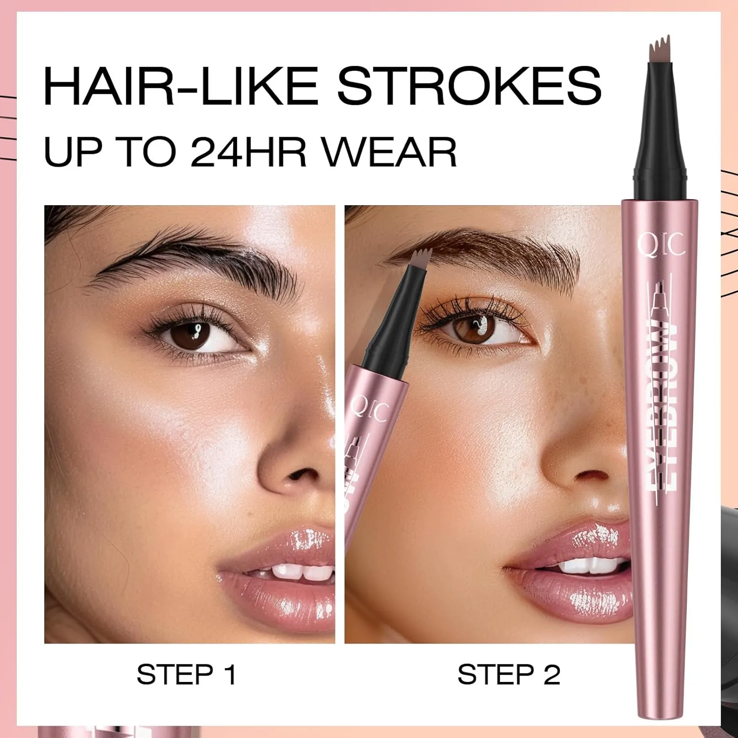 Q708 3D Microblading Eyebrow Pencil, Waterproof, 4-Tipped, Long-Lasting, Micro-Fork Applicator for Natural Brows, All Skin Tones (2#Dark Brown)