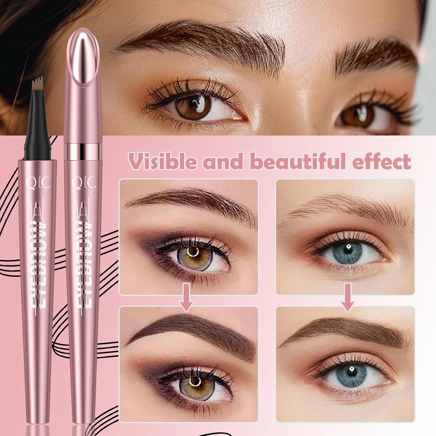 Q708 3D Microblading Eyebrow Pencil, Waterproof, 4-Tipped, Long-Lasting, Micro-Fork Applicator for Natural Brows, All Skin Tones(5#Brown)